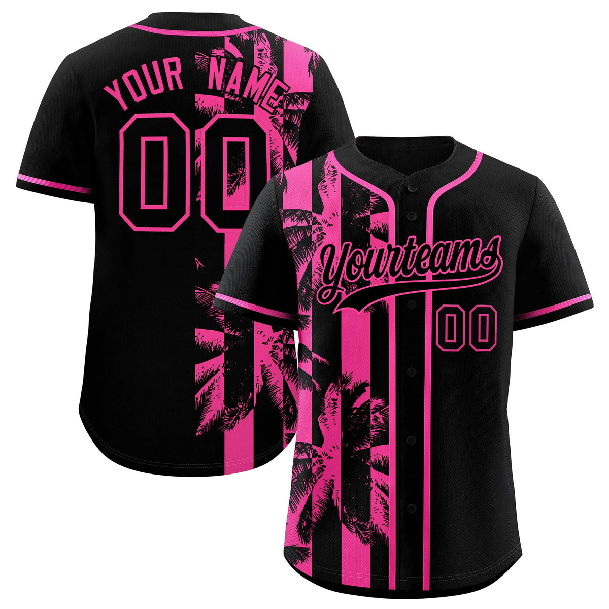 Custom Black Pink Split Fashion Coconut Tree Design Authentic Baseball Jersey