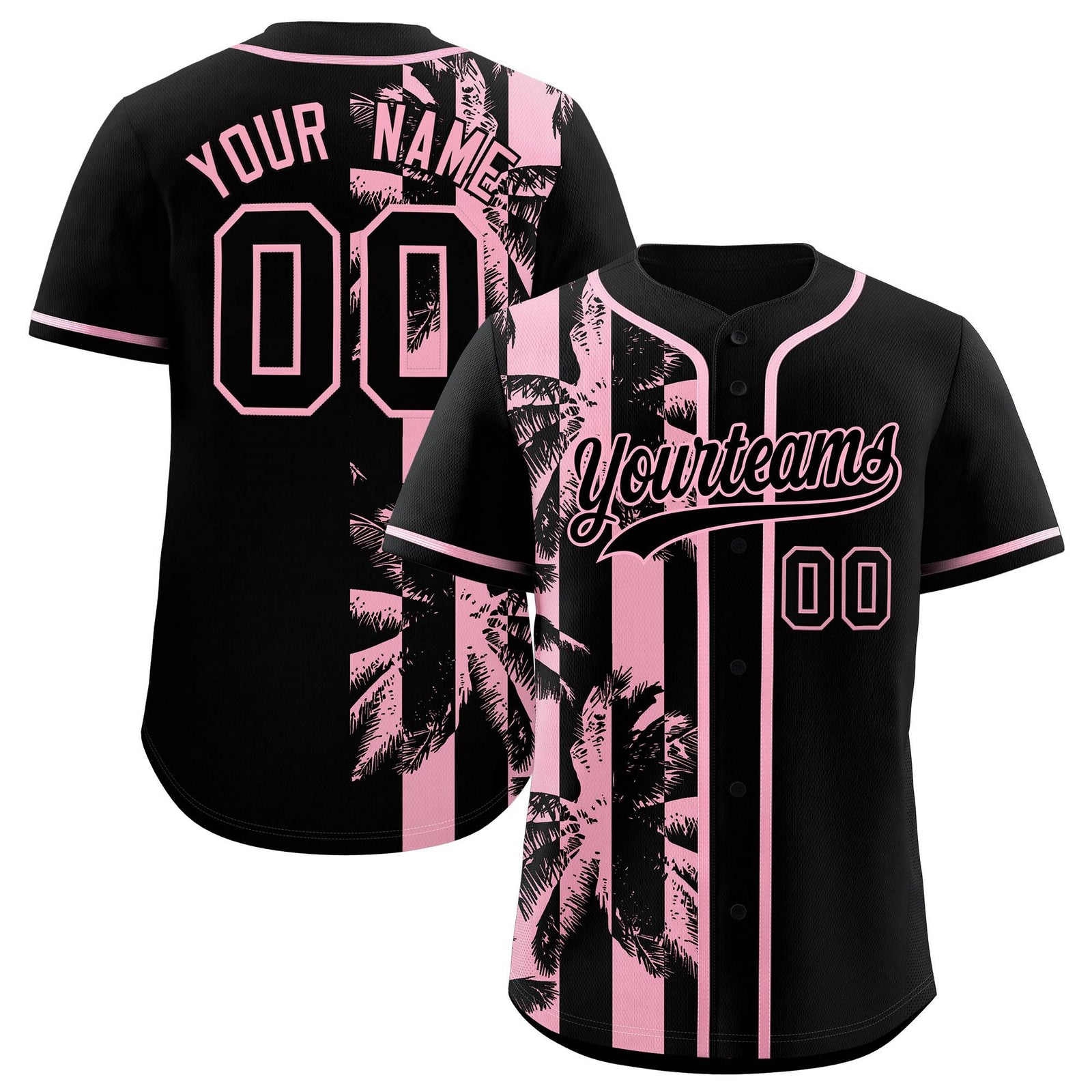 Custom Black Light Pink Split Fashion Coconut Tree Design Authentic Baseball Jersey