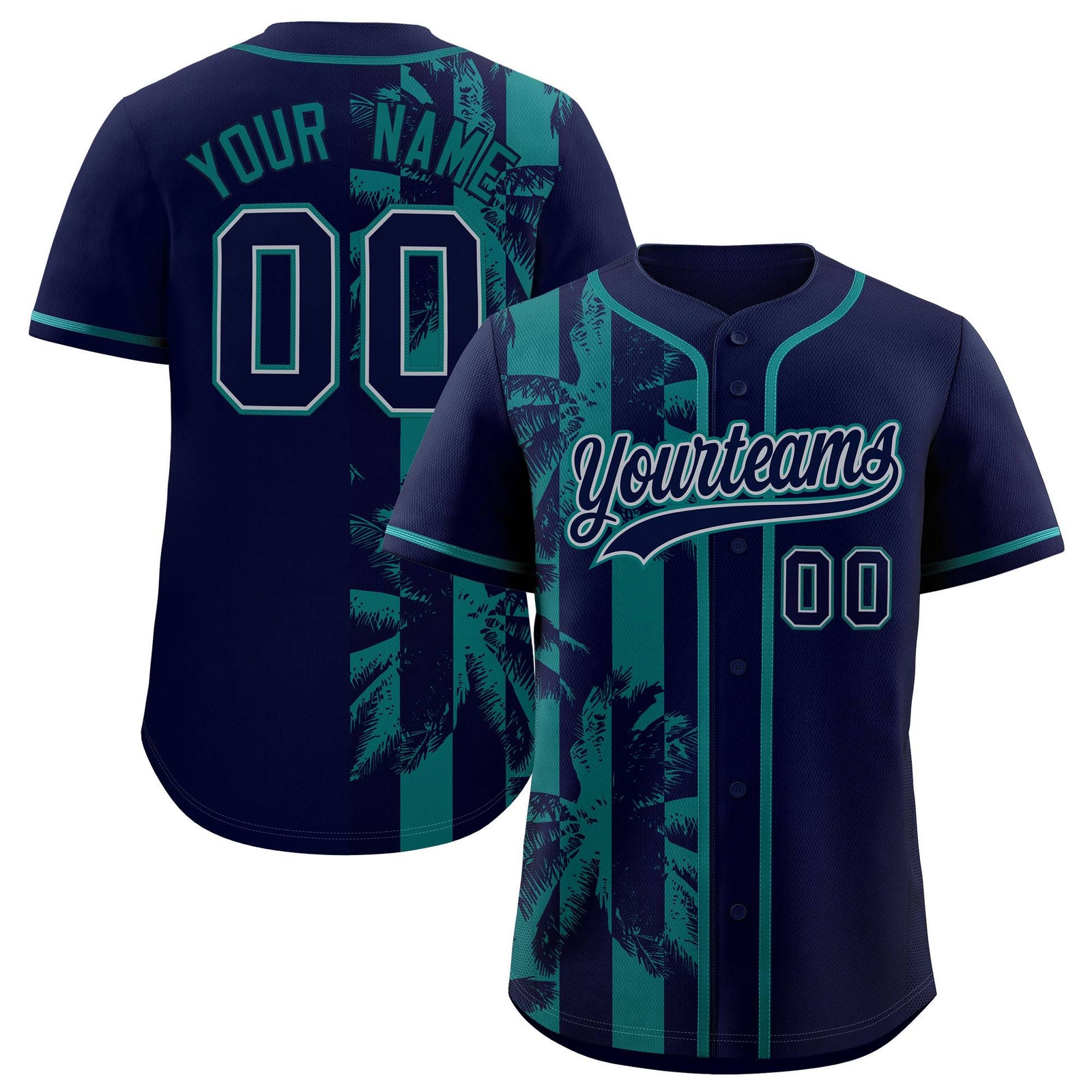 Custom Navy Aqua Split Fashion Coconut Tree Design Authentic Baseball Jersey