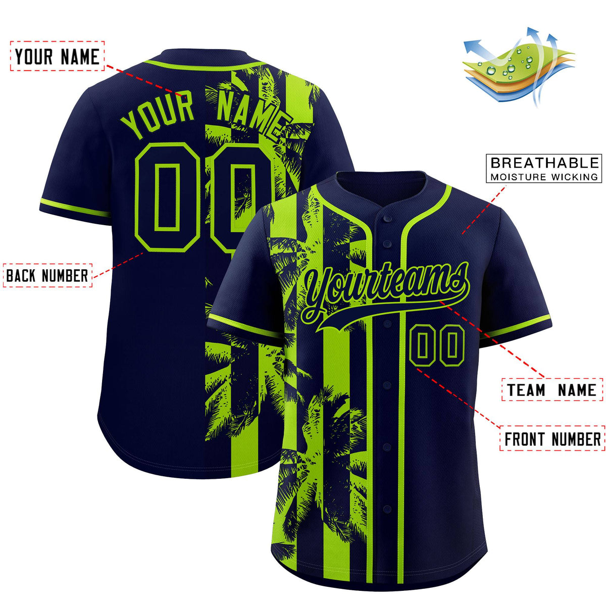 Custom Navy Neon Green Split Fashion Coconut Tree Design Authentic Baseball Jersey