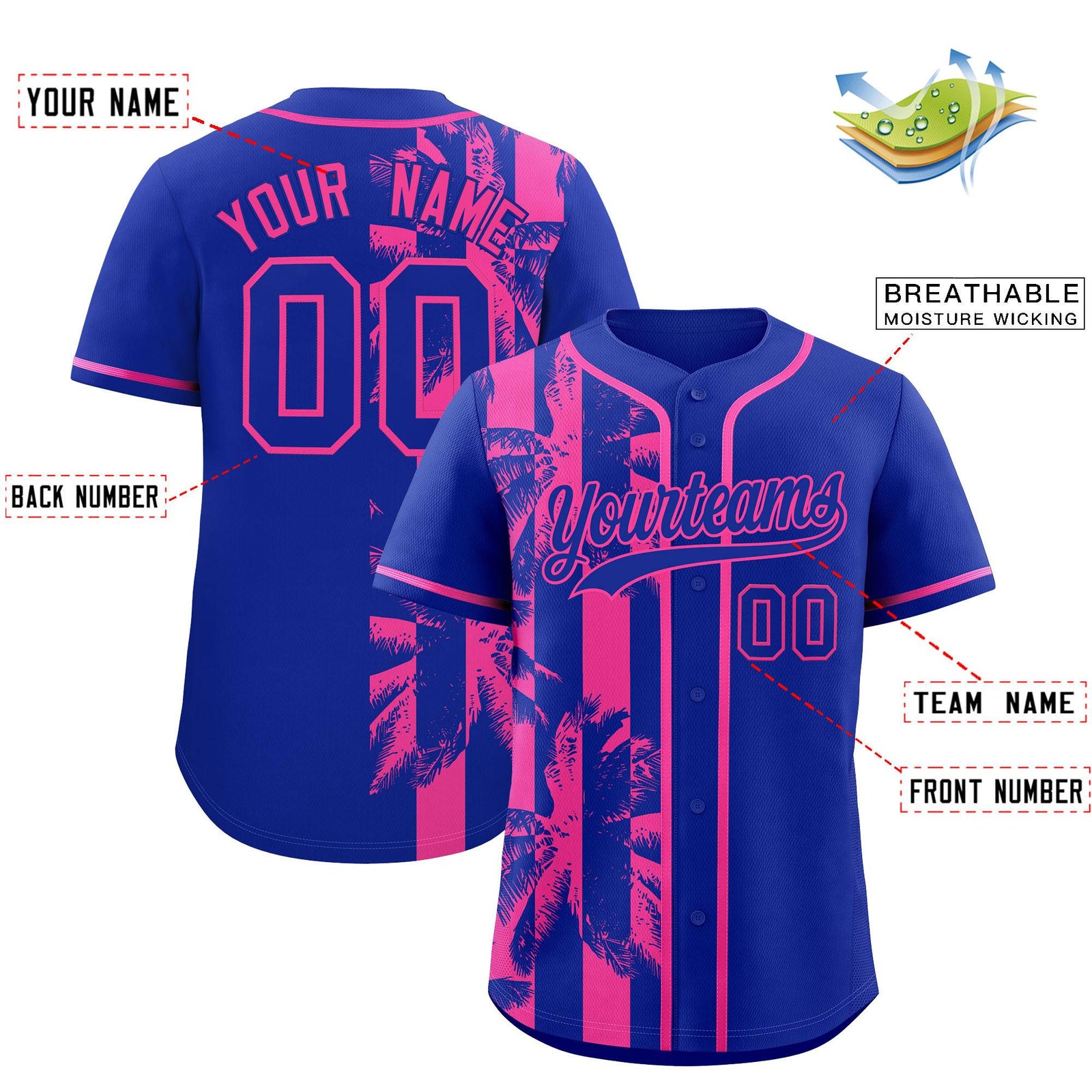 Custom Royal Pink Split Fashion Coconut Tree Design Authentic Baseball Jersey