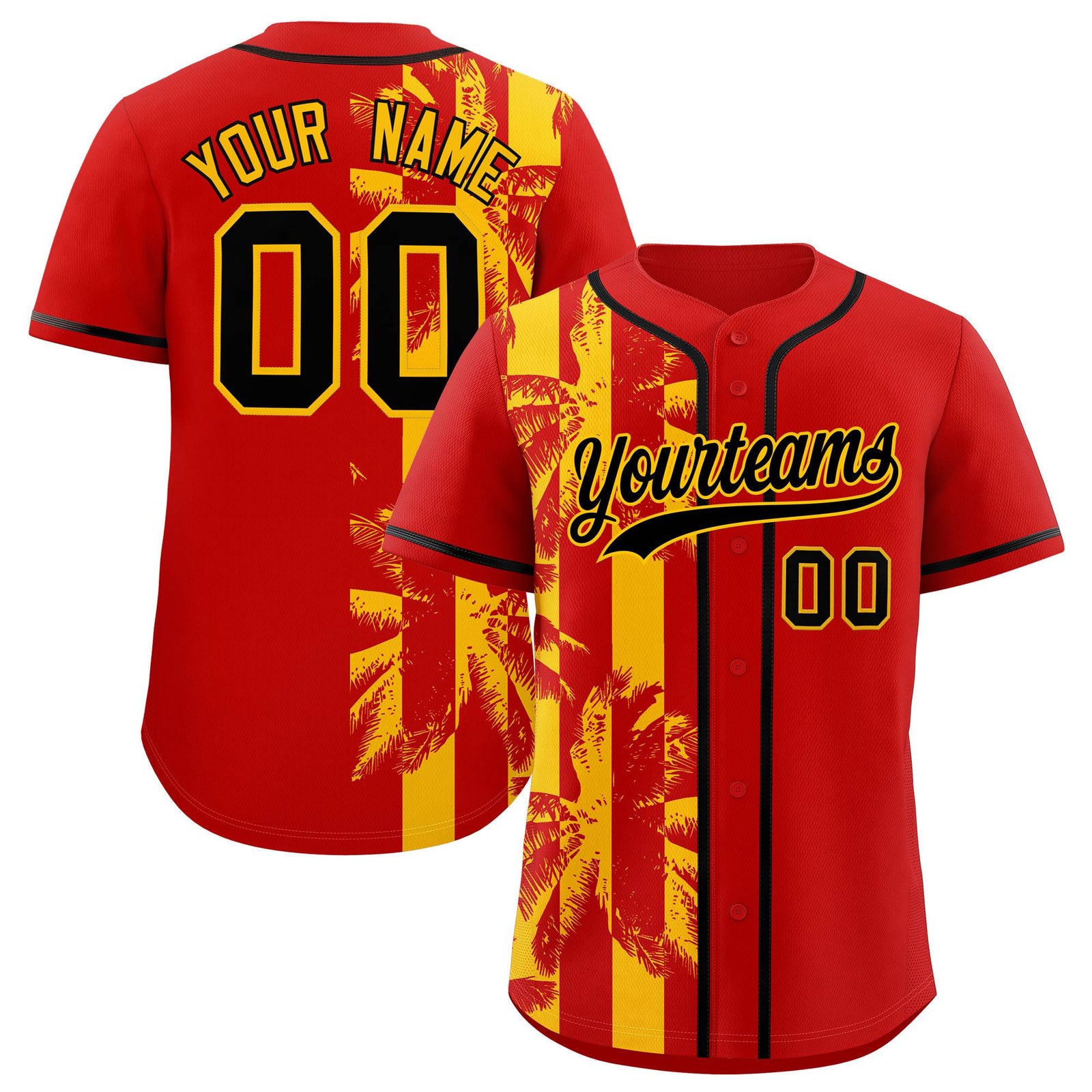 Custom Red Yellow Split Fashion Coconut Tree Design Authentic Baseball Jersey