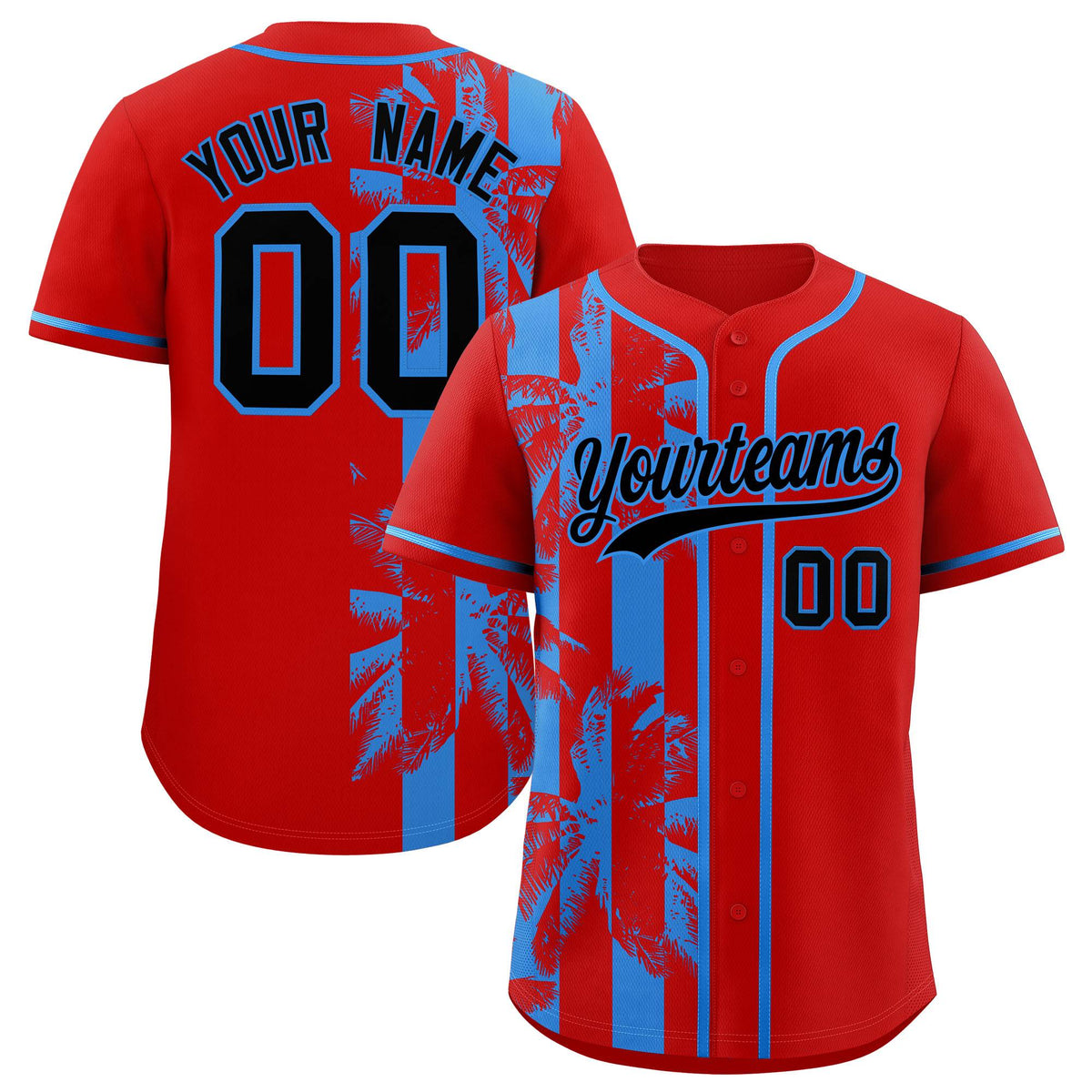 Custom Red Powder Blue Split Fashion Coconut Tree Design Authentic Baseball Jersey
