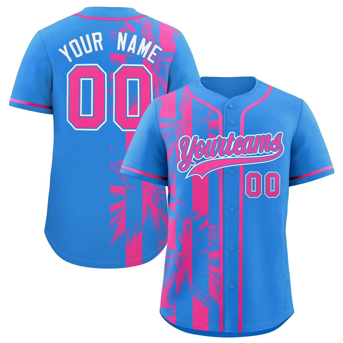 Custom Powder Blue Pink Split Fashion Coconut Tree Design Authentic Baseball Jersey