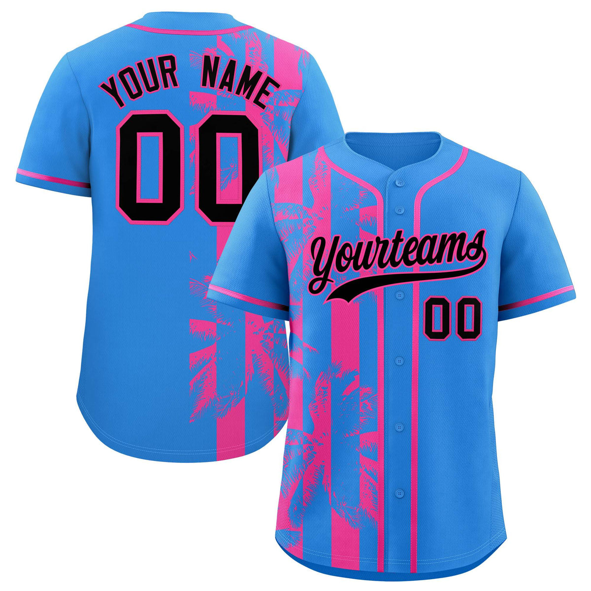 Custom Powder Blue Pink Split Fashion Coconut Tree Design Authentic Baseball Jersey