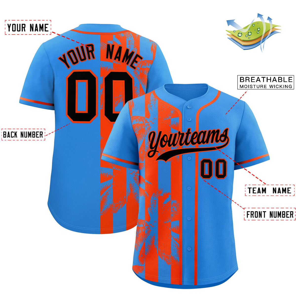 Custom Powder Blue Orange Split Fashion Coconut Tree Design Authentic Baseball Jersey