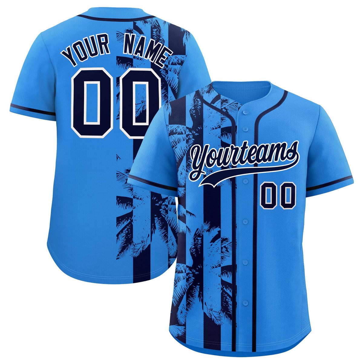 Custom Powder Blue Navy Split Fashion Coconut Tree Design Authentic Baseball Jersey