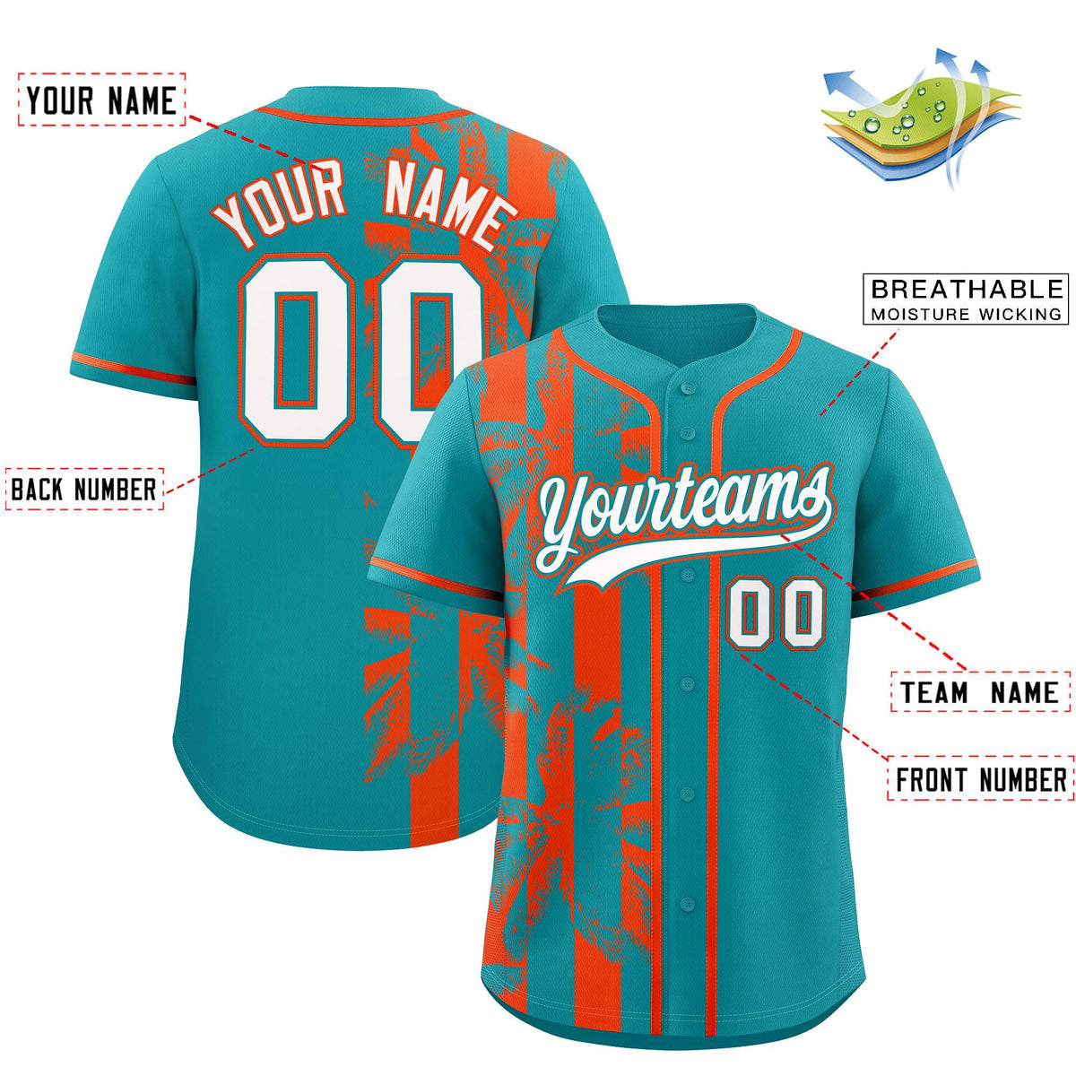 Custom Aqua Orange Split Fashion Coconut Tree Design Authentic Baseball Jersey