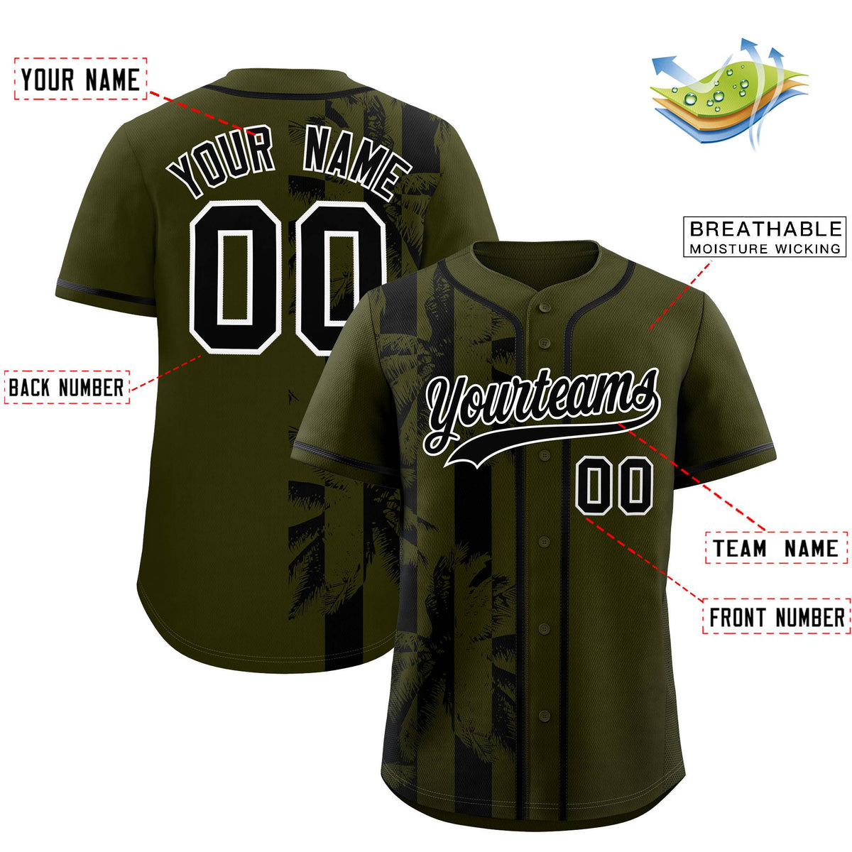 Custom Olive Black Split Fashion Coconut Tree Design Authentic Baseball Jersey