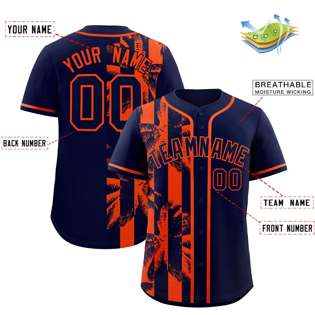 Custom Navy Orange Split Fashion Coconut Tree Design Authentic Baseball Jersey