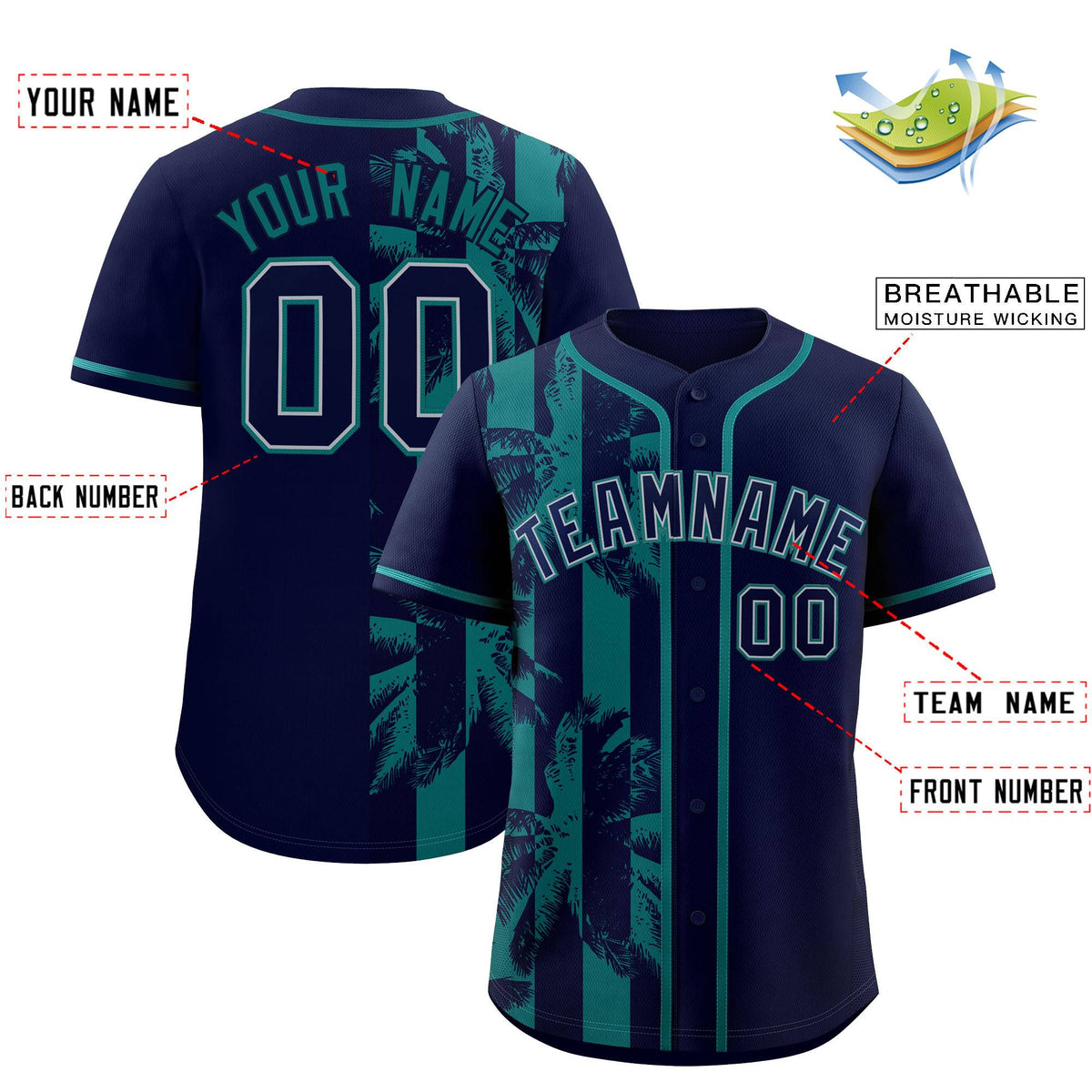 Custom Navy Aqua Split Fashion Coconut Tree Design Authentic Baseball Jersey