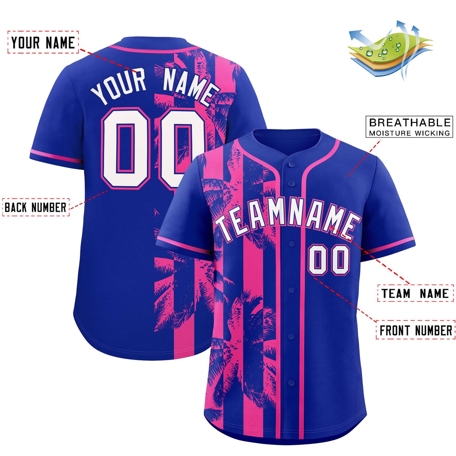 Custom Royal Pink Split Fashion Coconut Tree Design Authentic Baseball Jersey