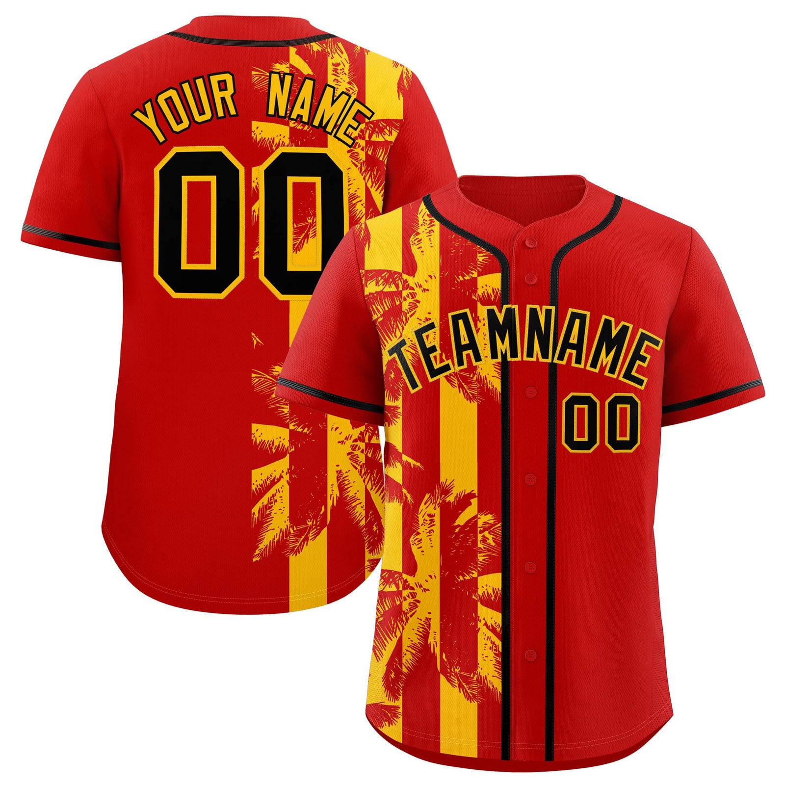 Custom Red Yellow Split Fashion Coconut Tree Design Authentic Baseball Jersey