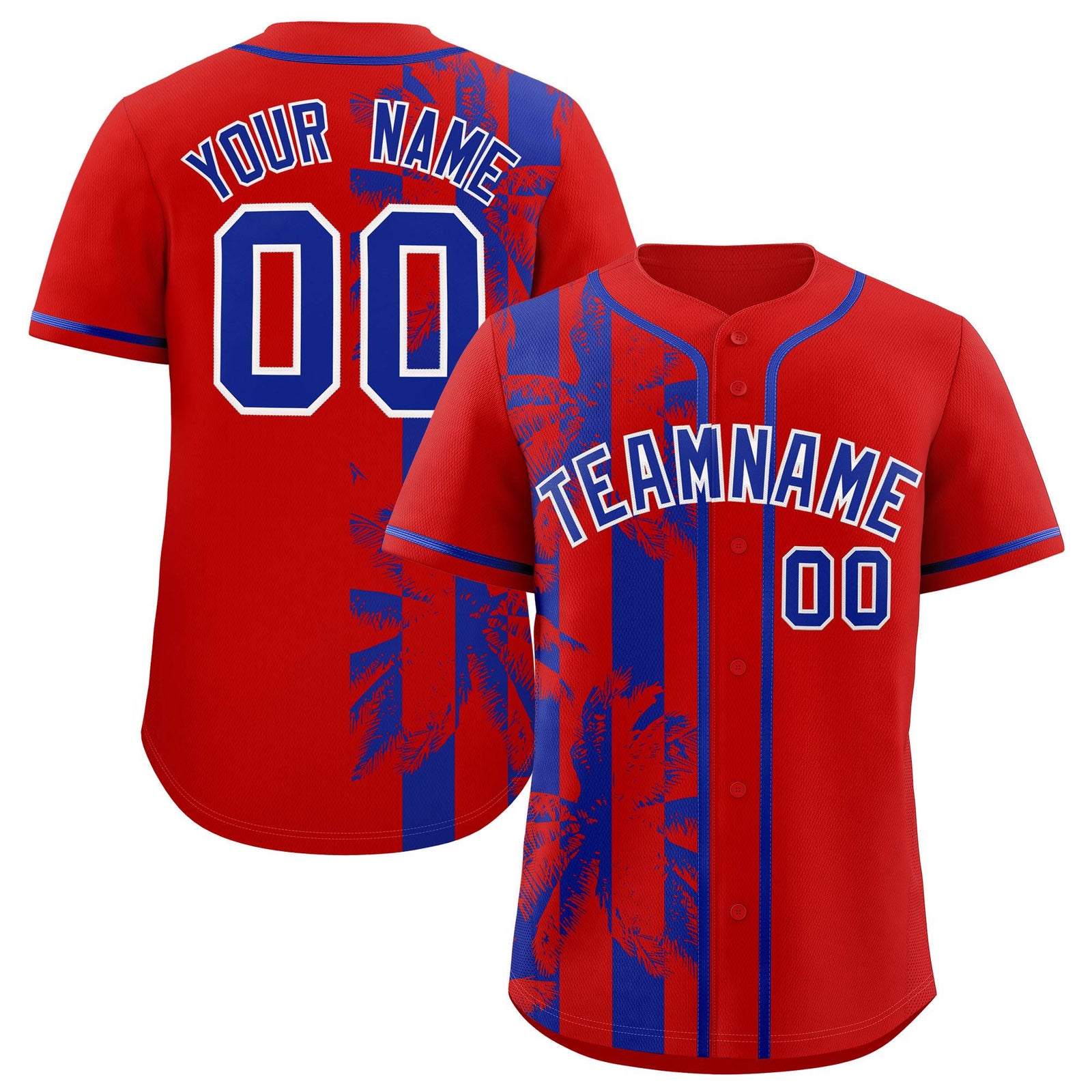 Custom Red Royal Split Fashion Coconut Tree Design Authentic Baseball Jersey