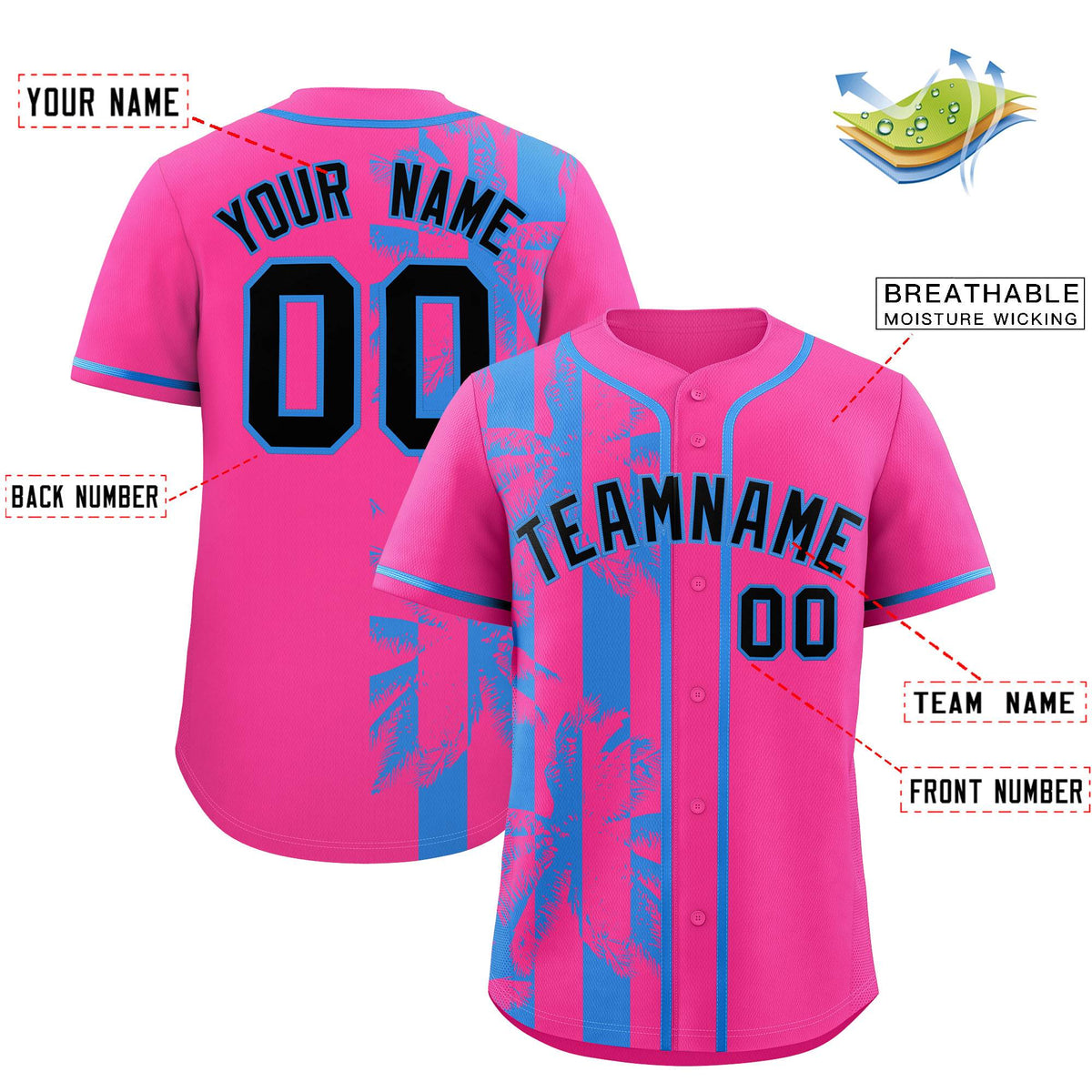 Custom Pink Powder Blue Split Fashion Coconut Tree Design Authentic Baseball Jersey