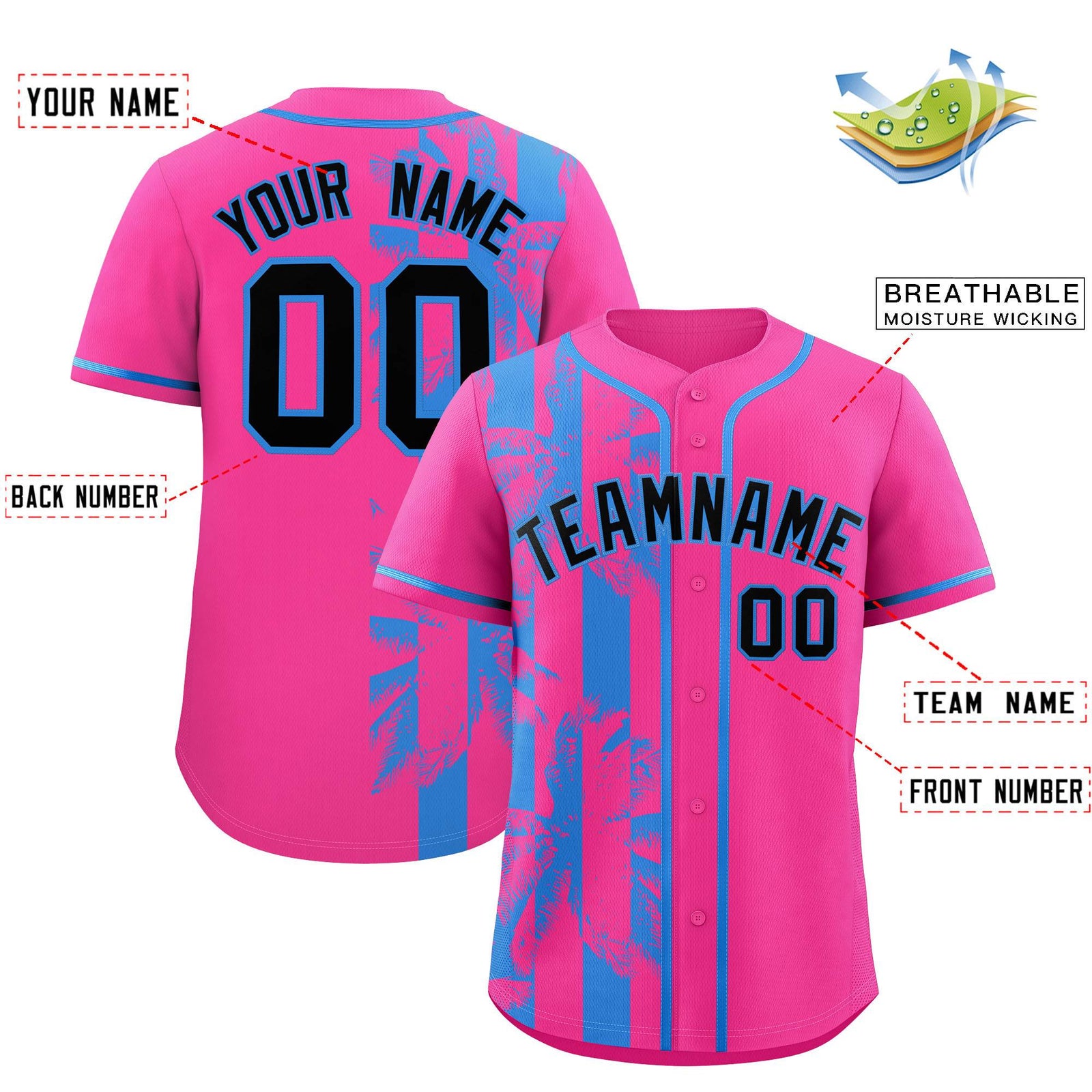 Custom Pink Powder Blue Split Fashion Coconut Tree Design Authentic Baseball Jersey