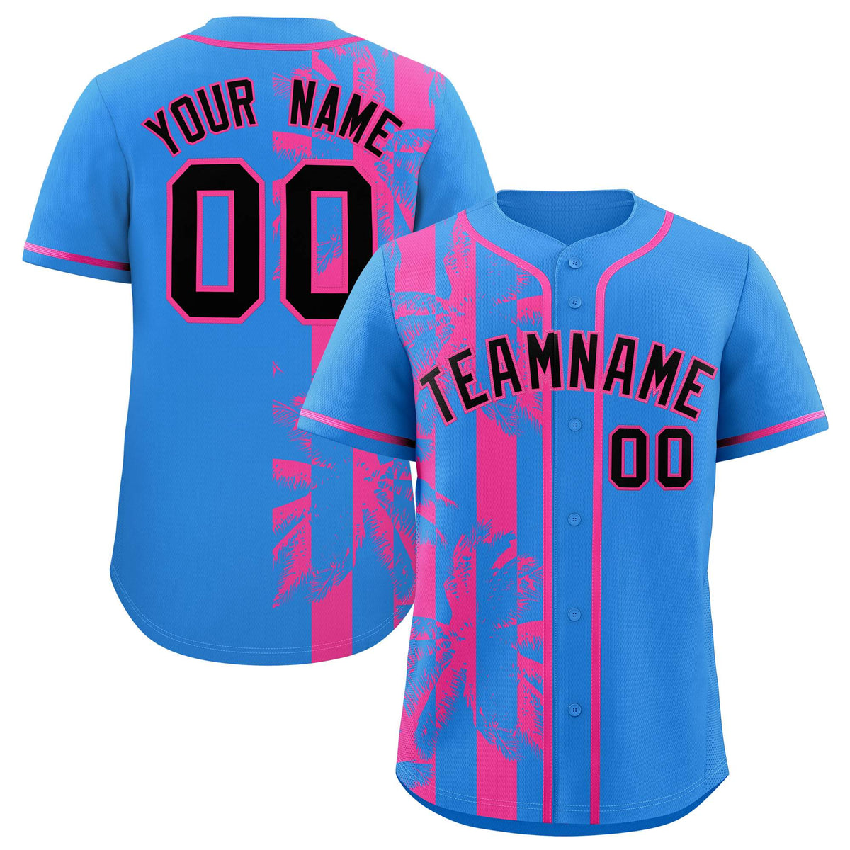 Custom Powder Blue Pink Split Fashion Coconut Tree Design Authentic Baseball Jersey