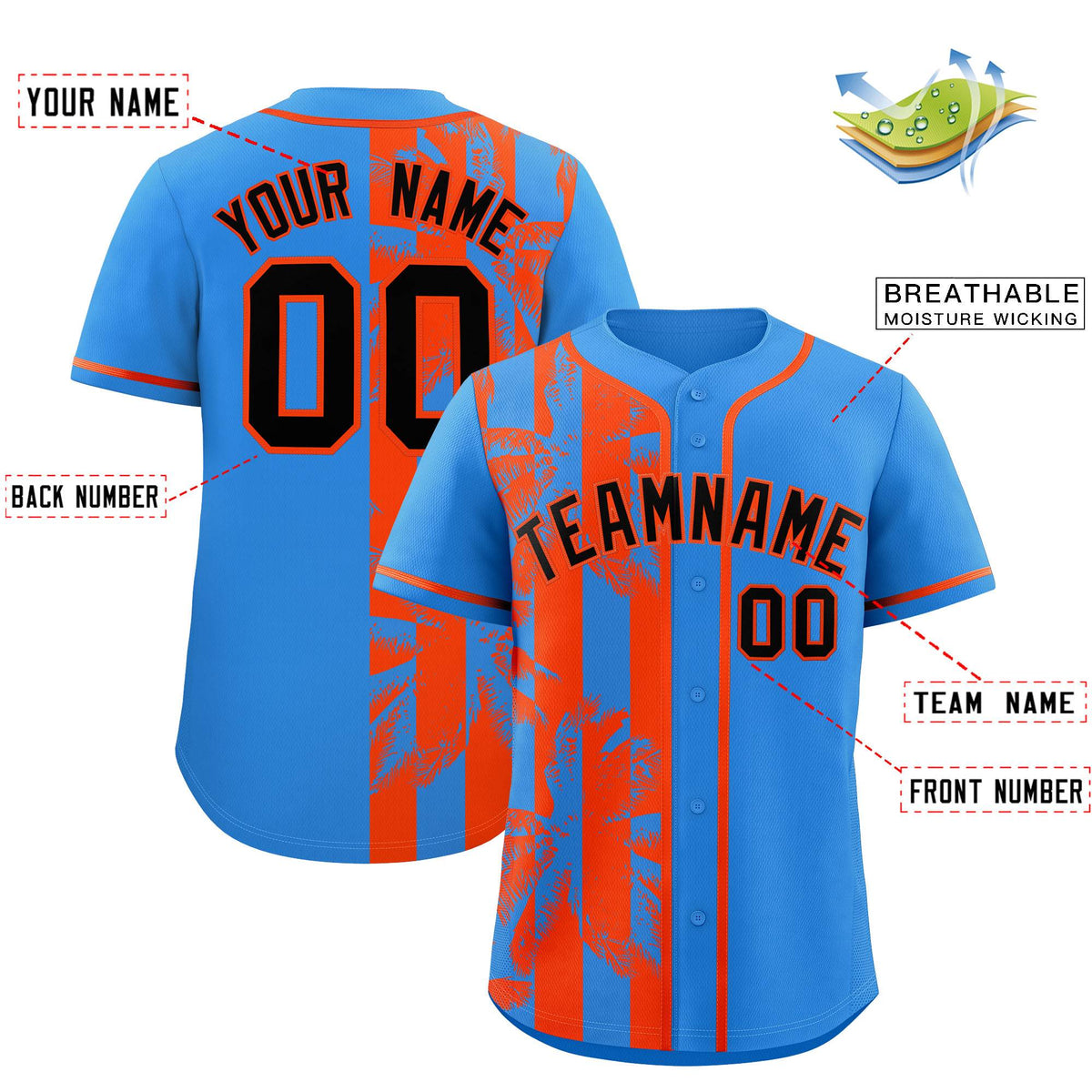 Custom Powder Blue Orange Split Fashion Coconut Tree Design Authentic Baseball Jersey