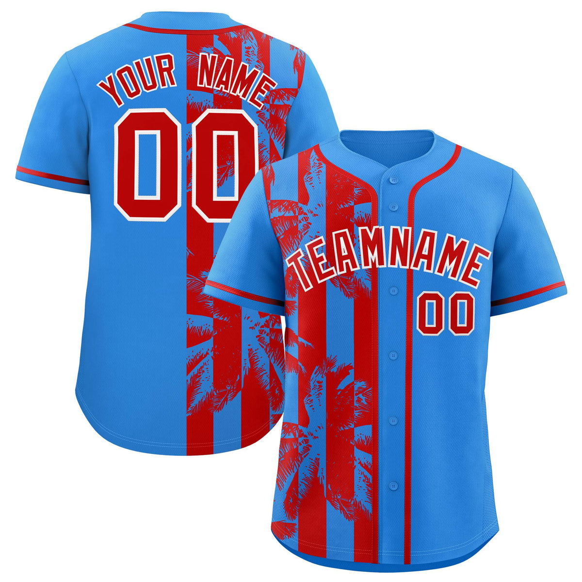 Custom Powder Blue Red Split Fashion Coconut Tree Design Authentic Baseball Jersey