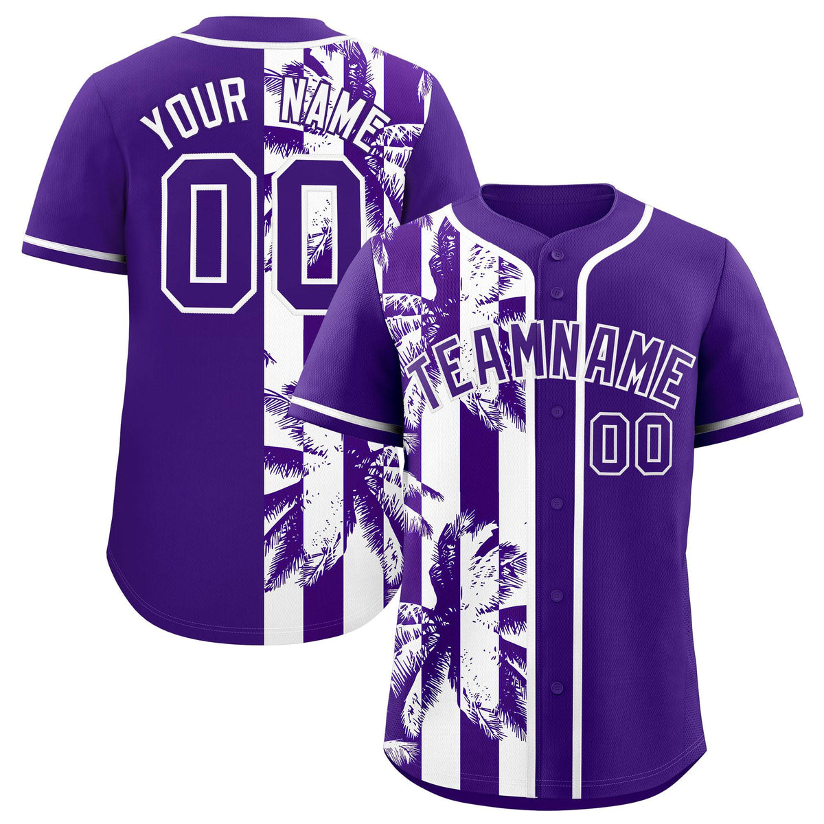Custom Purple White Split Fashion Coconut Tree Design Authentic Baseball Jersey