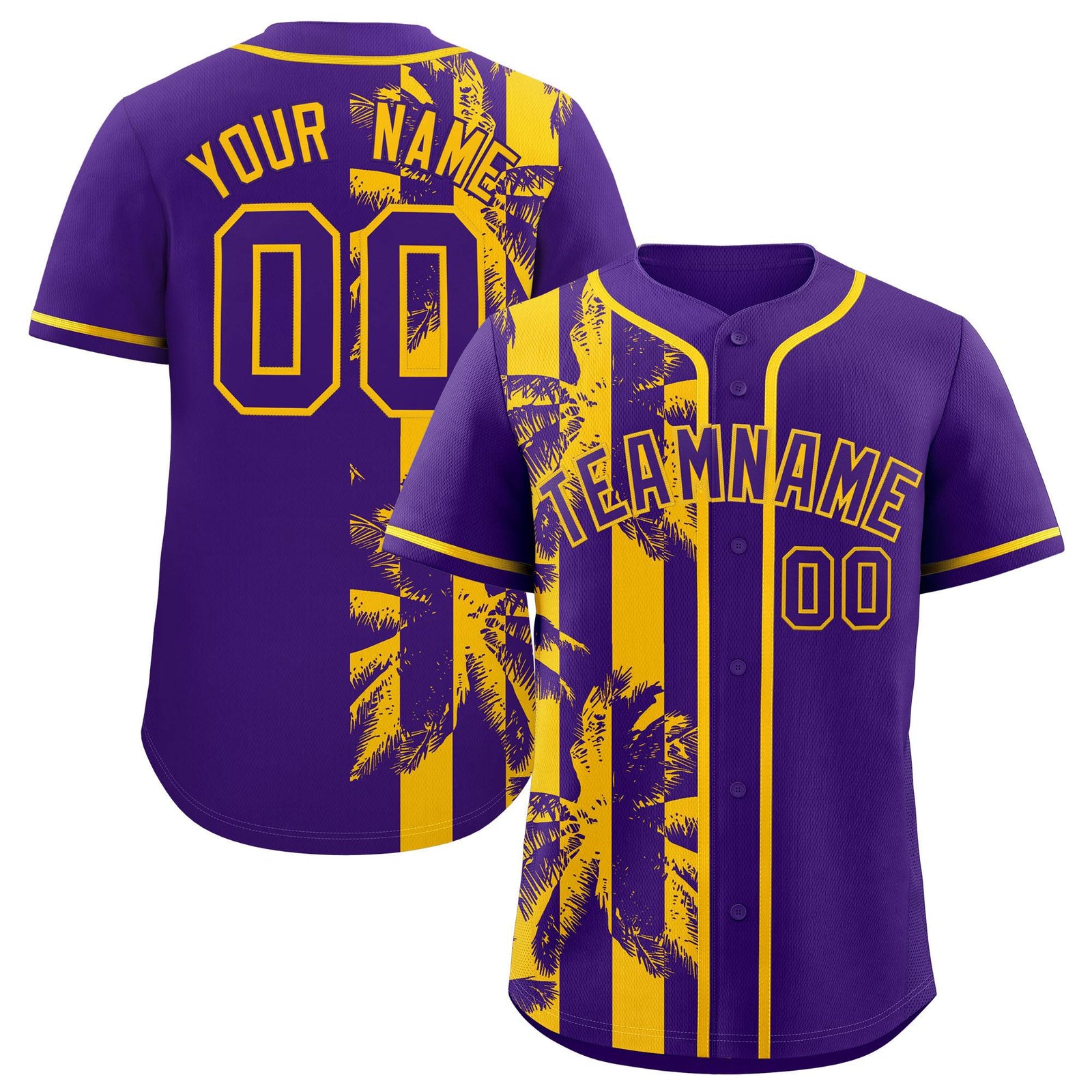 Custom Purple Yellow Split Fashion Coconut Tree Design Authentic Baseball Jersey