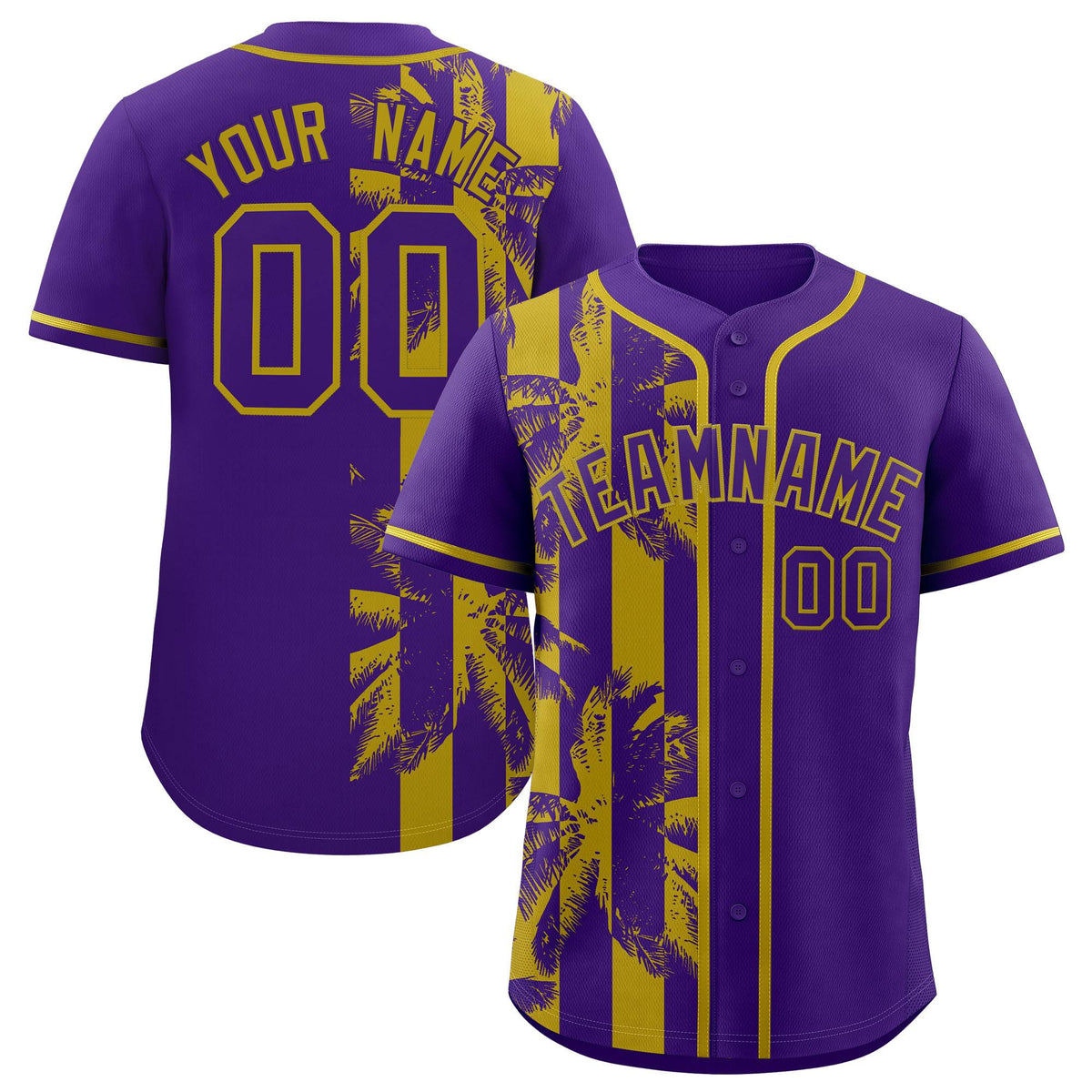 Custom Purple Old Gold Split Fashion Coconut Tree Design Authentic Baseball Jersey