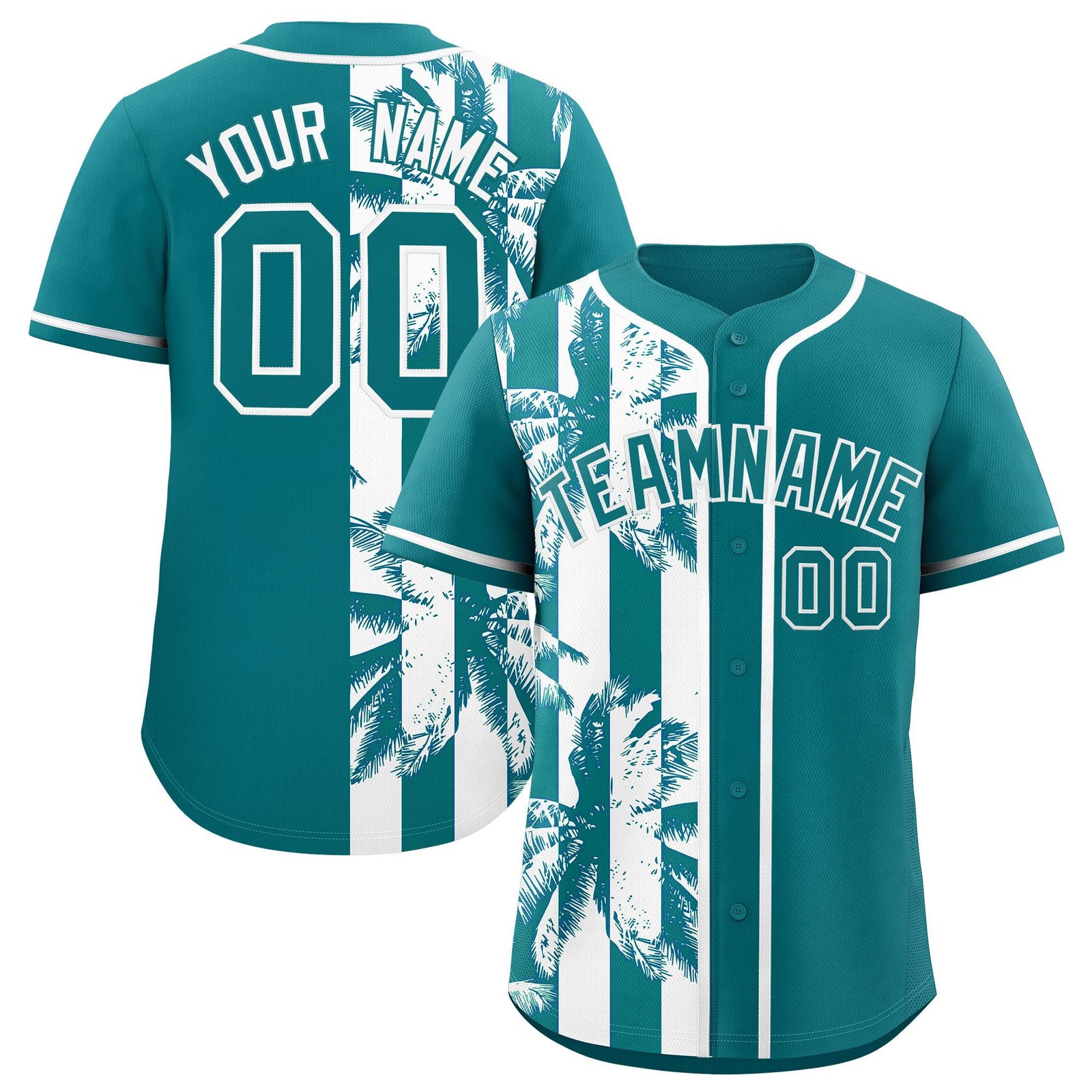 Custom Aqua White Split Fashion Coconut Tree Design Authentic Baseball Jersey