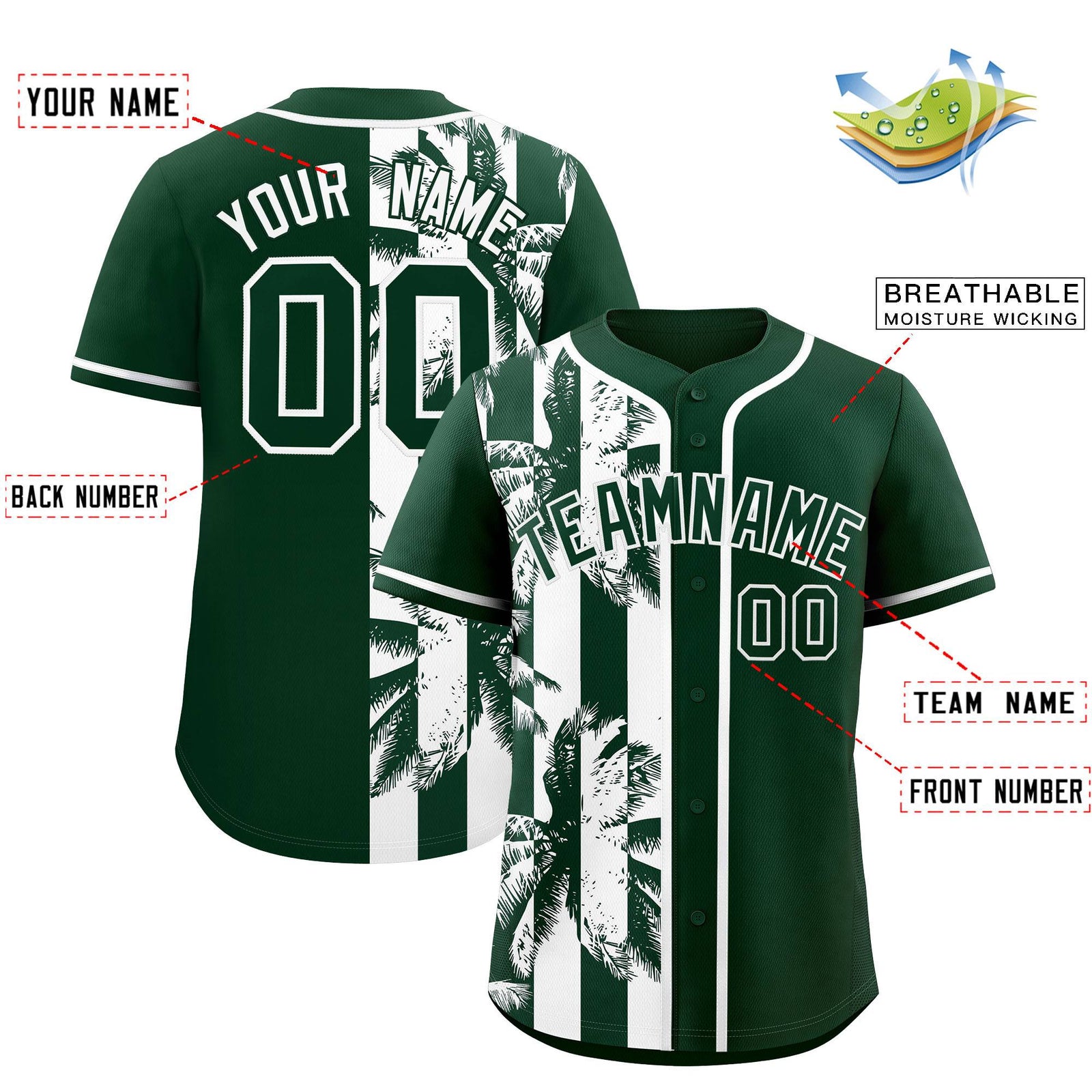 Custom Green White Split Fashion Coconut Tree Design Authentic Baseball Jersey