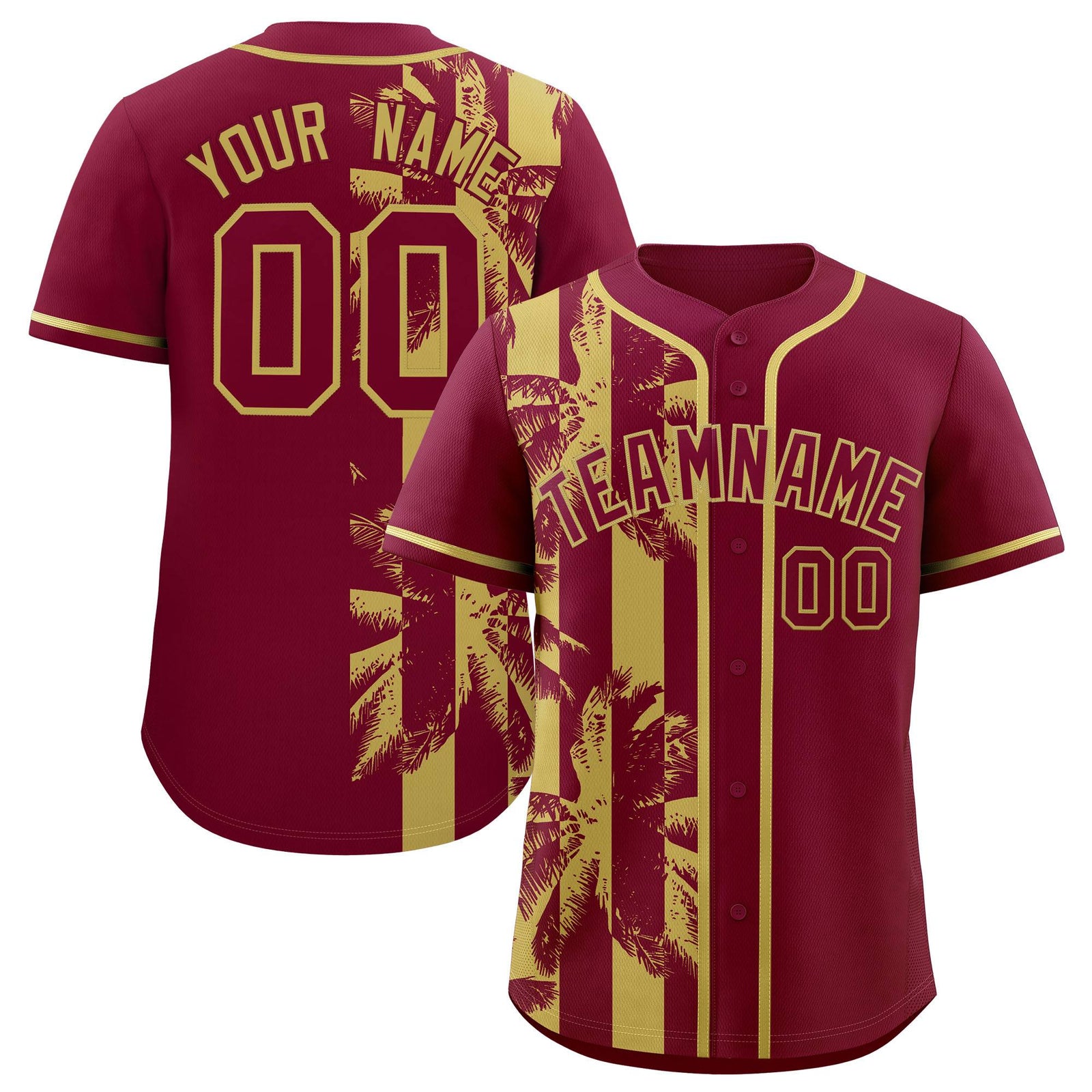 Custom Crimson Khaki Split Fashion Coconut Tree Design Authentic Baseball Jersey