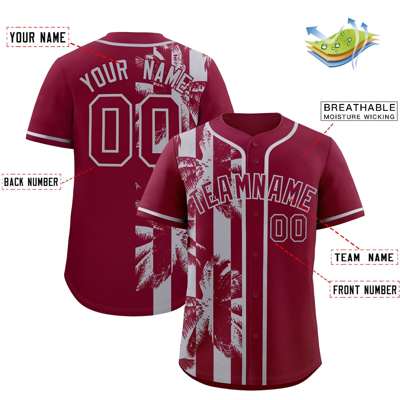 Custom Crimson Gray Split Fashion Coconut Tree Design Authentic Baseball Jersey