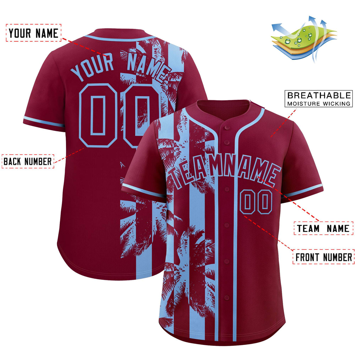 Custom Crimson Powder Blue Split Fashion Coconut Tree Design Authentic Baseball Jersey