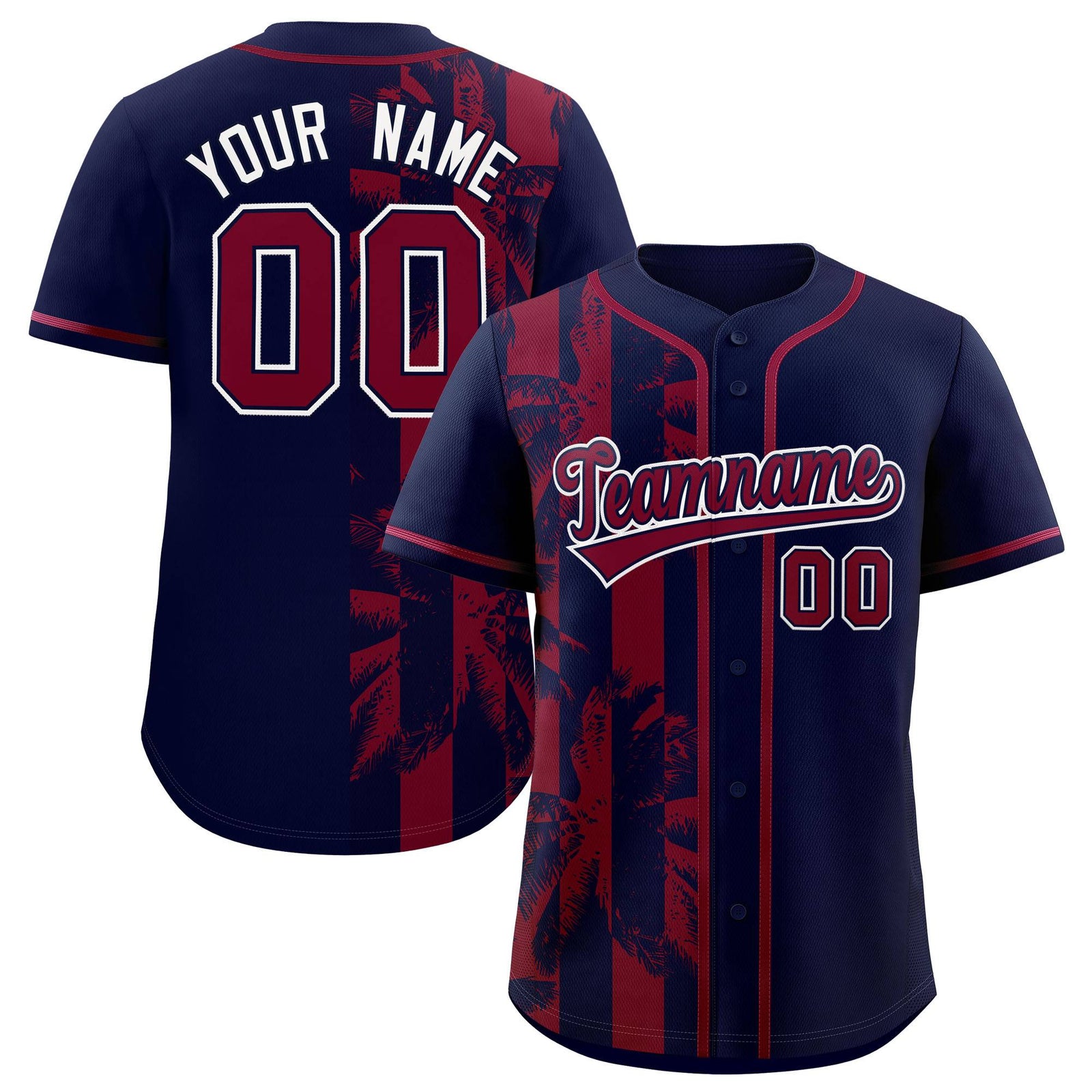 Custom Navy Crimson Split Fashion Coconut Tree Design Authentic Baseball Jersey