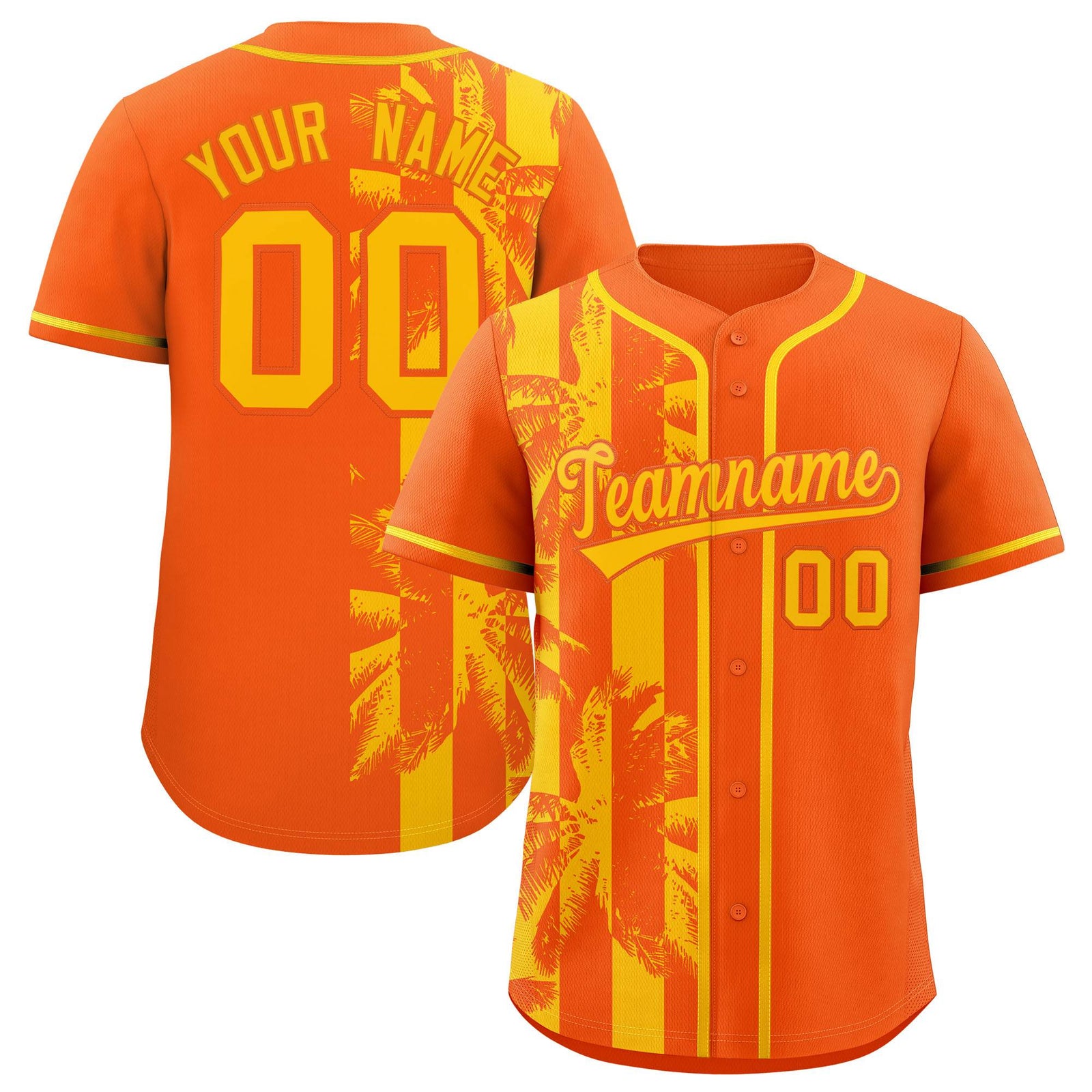 Custom Orange Yellow Split Fashion Coconut Tree Design Authentic Baseball Jersey