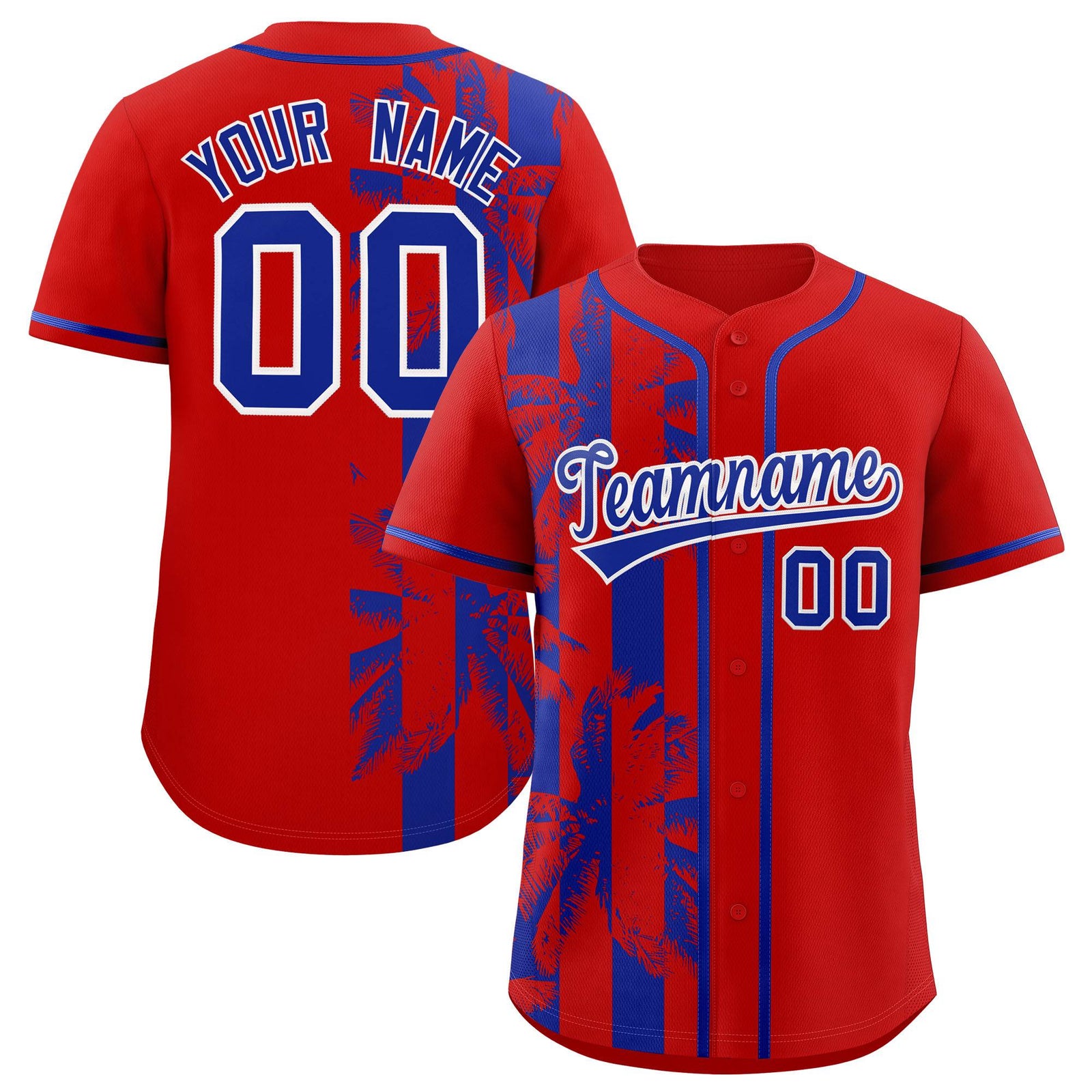 Custom Red Royal Split Fashion Coconut Tree Design Authentic Baseball Jersey