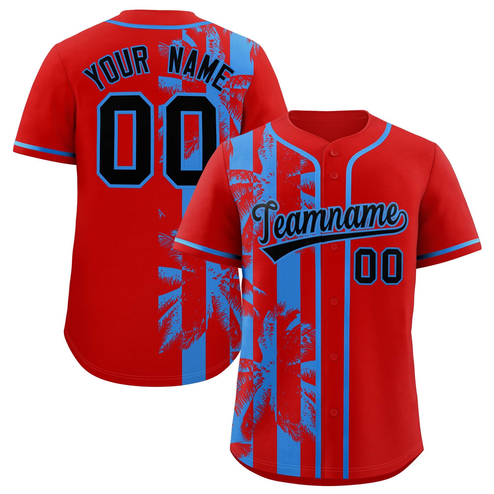 Custom Red Powder Blue Split Fashion Coconut Tree Design Authentic Baseball Jersey