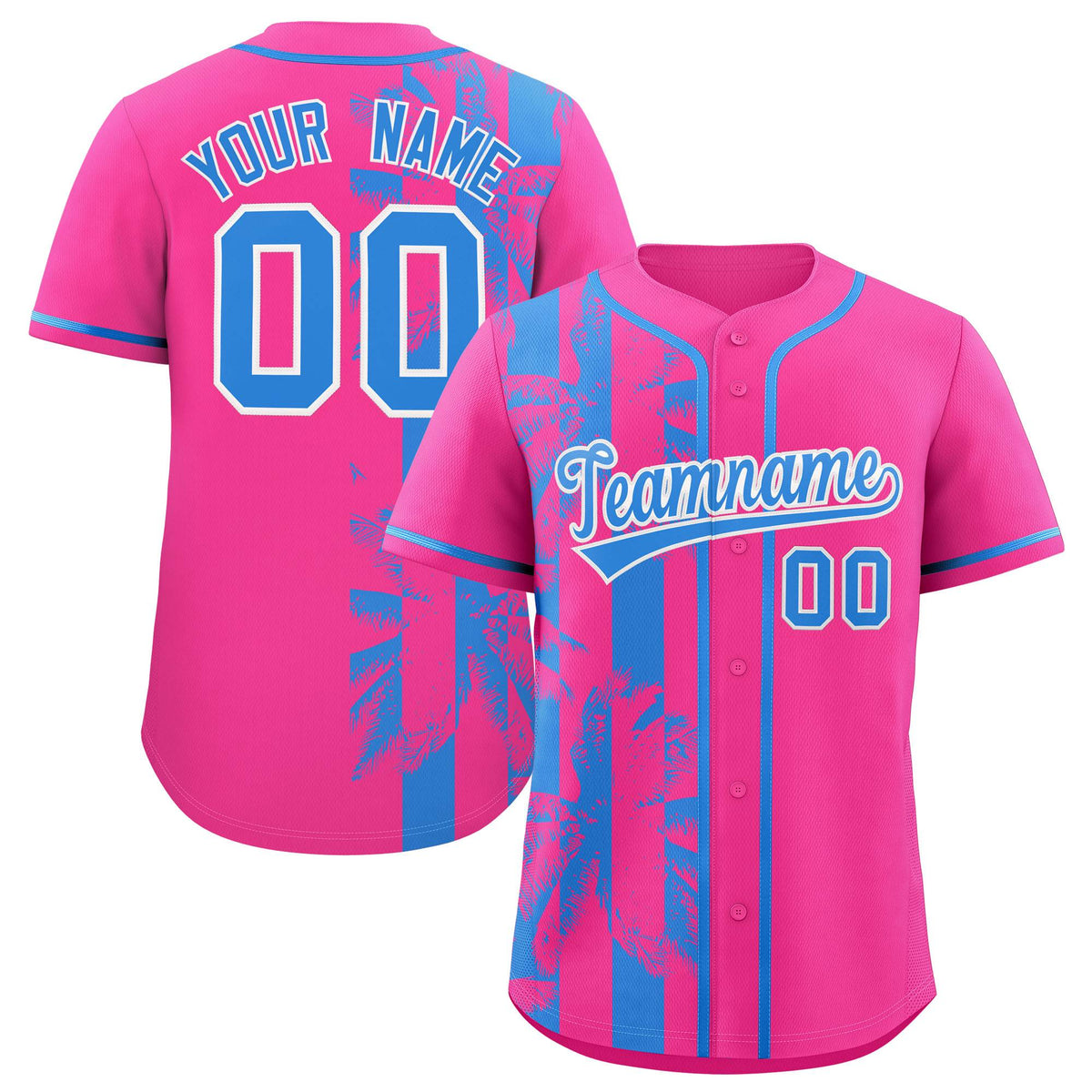 Custom Pink Powder Blue Split Fashion Coconut Tree Design Authentic Baseball Jersey