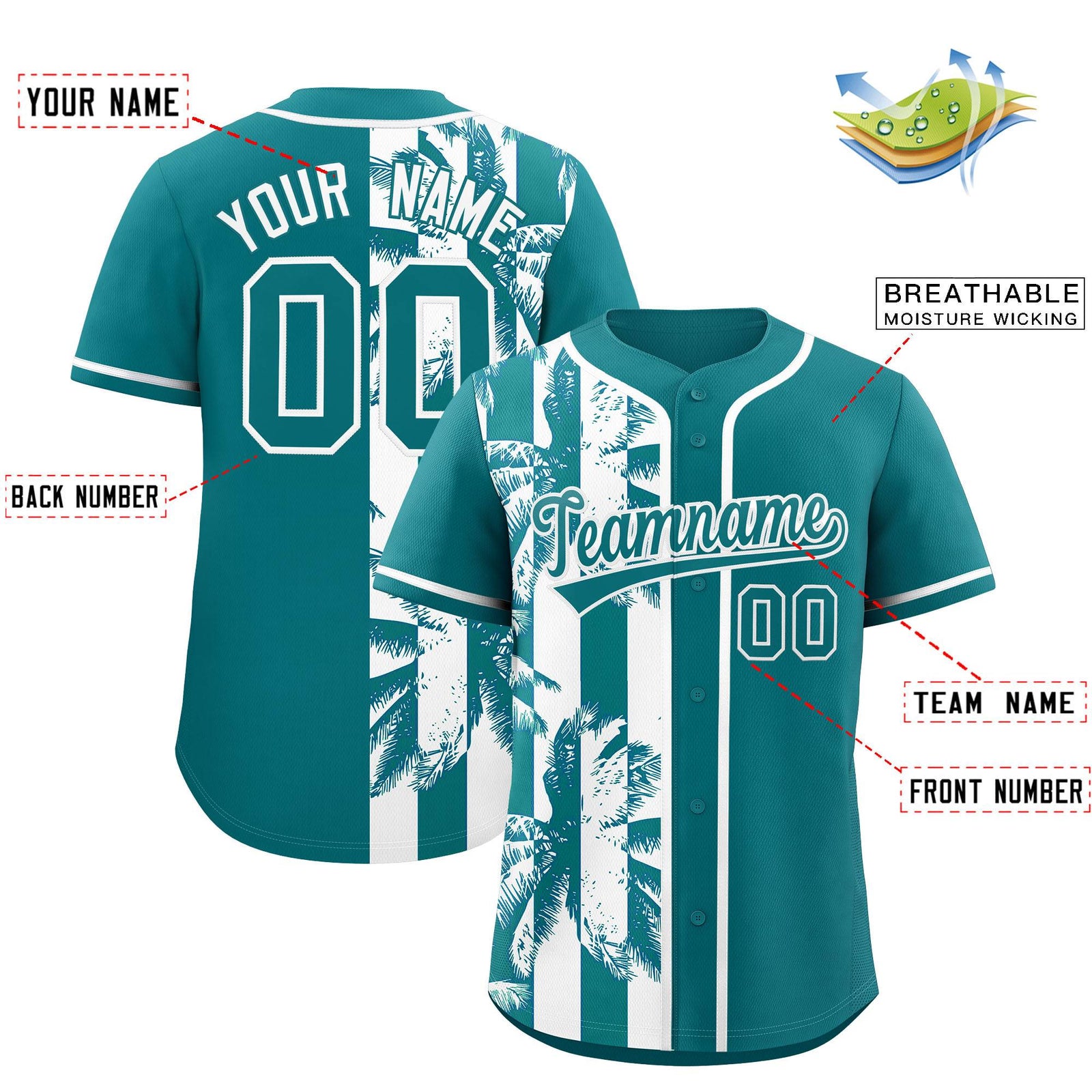 Custom Aqua White Split Fashion Coconut Tree Design Authentic Baseball Jersey