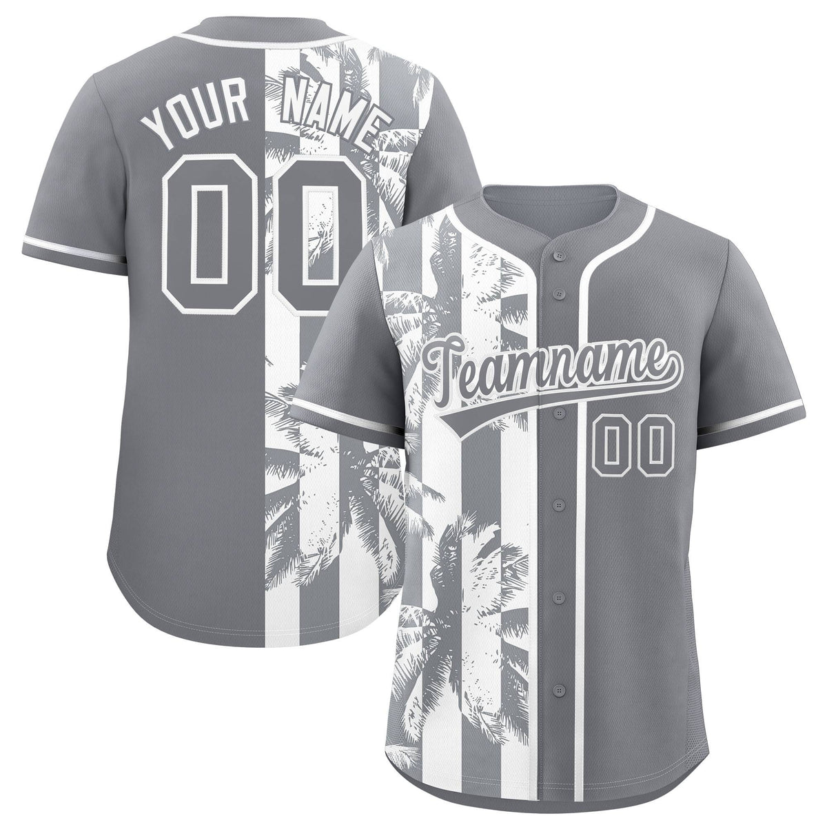 Custom Gray White Split Fashion Coconut Tree Design Authentic Baseball Jersey