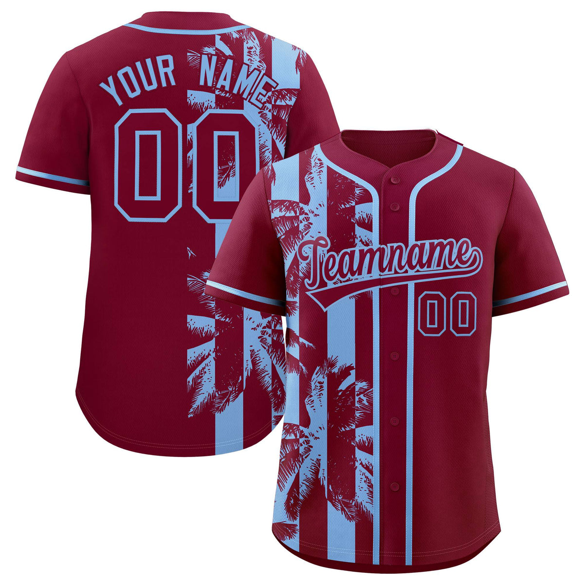 Custom Crimson Powder Blue Split Fashion Coconut Tree Design Authentic Baseball Jersey