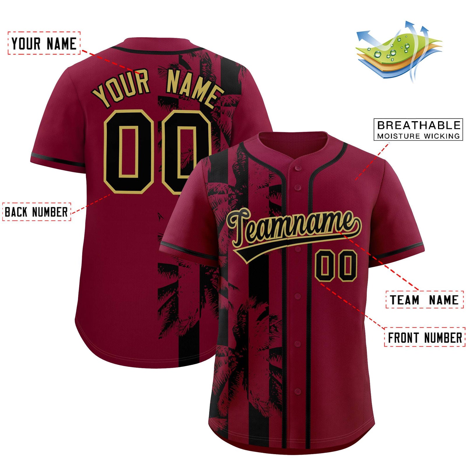 Custom Crimson Black Split Fashion Coconut Tree Design Authentic Baseball Jersey