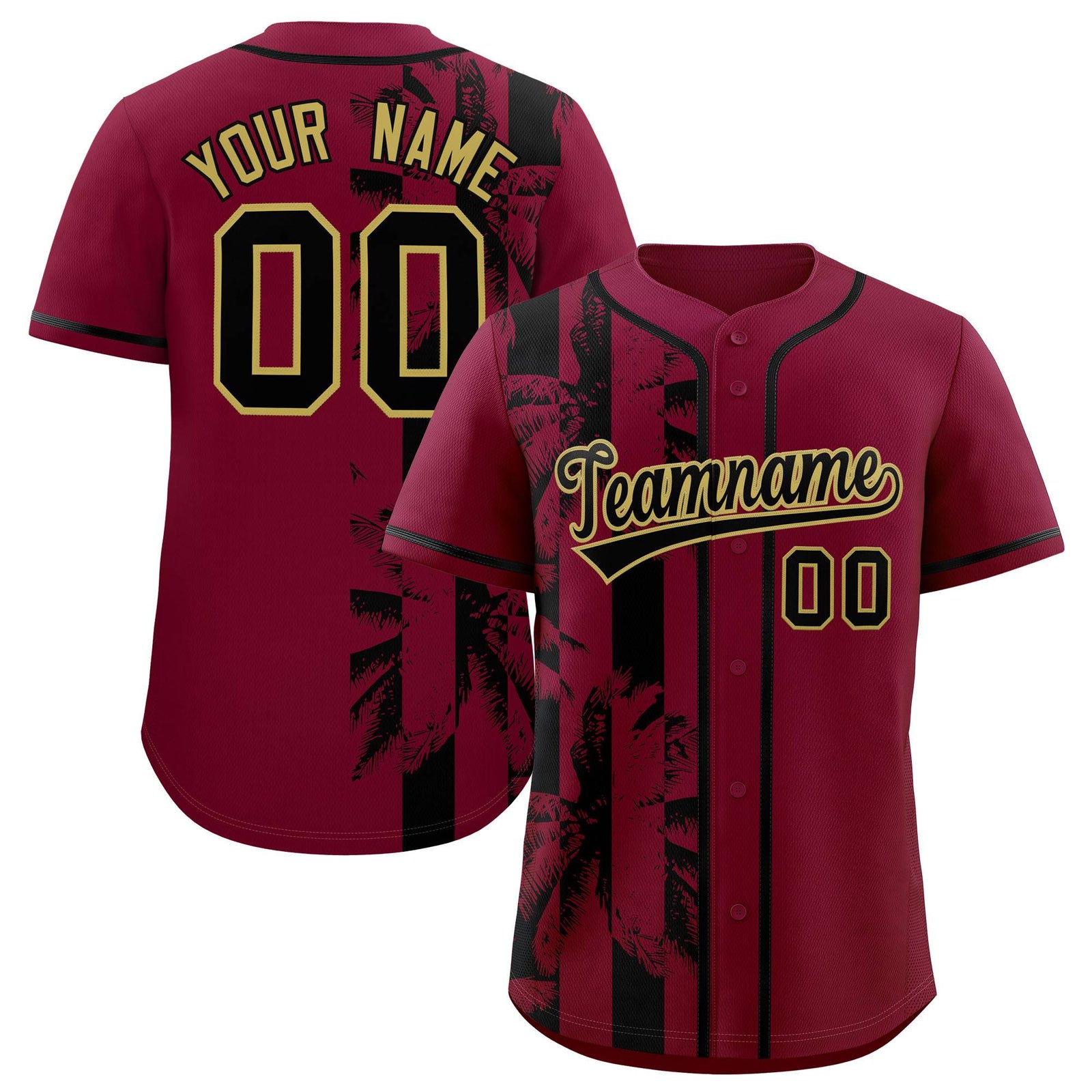 Custom Crimson Black Split Fashion Coconut Tree Design Authentic Baseball Jersey
