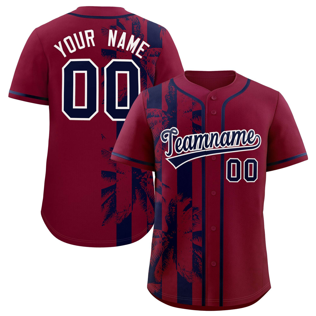 Custom Crimson Navy Split Fashion Coconut Tree Design Authentic Baseball Jersey