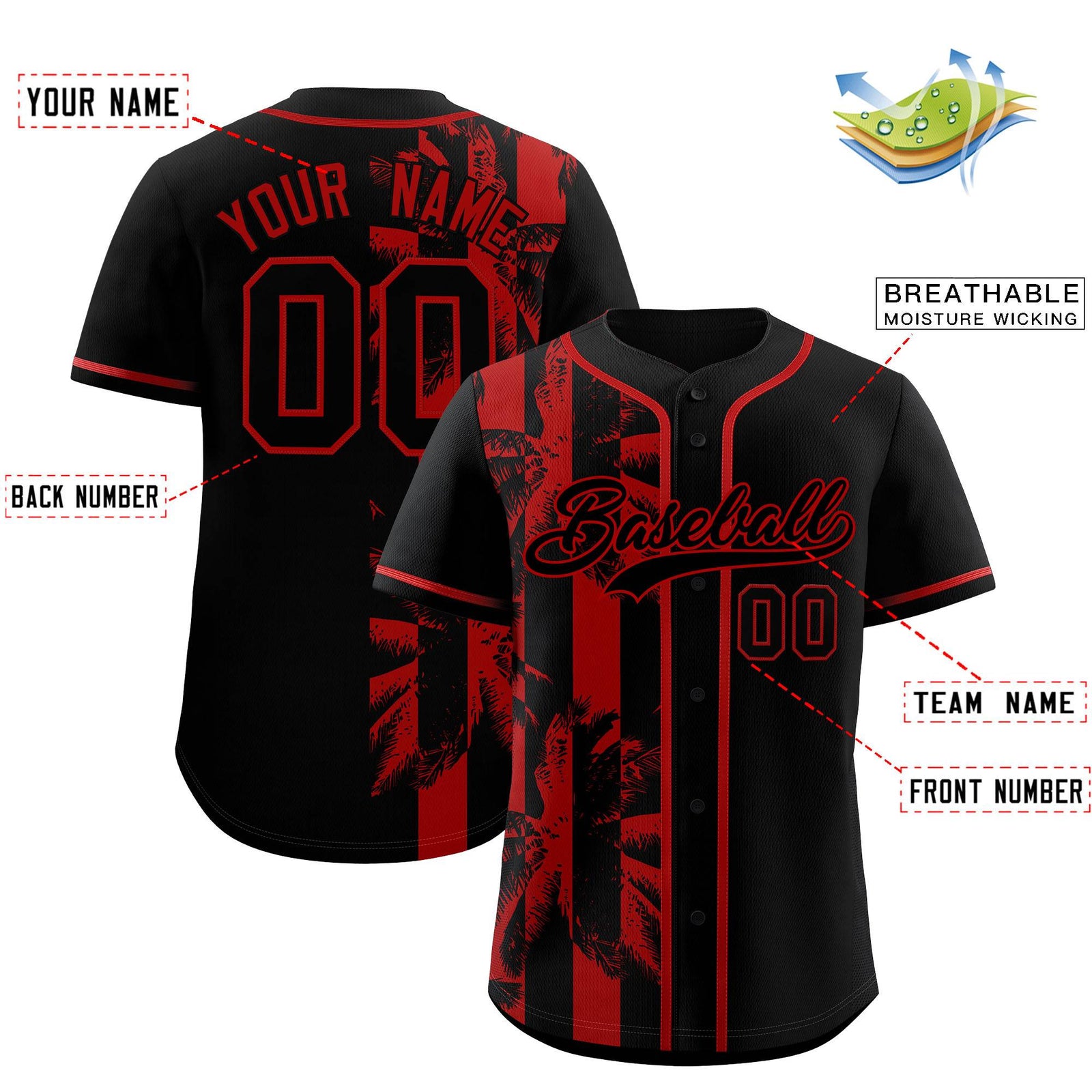 Custom Black Red Split Fashion Coconut Tree Design Authentic Baseball Jersey