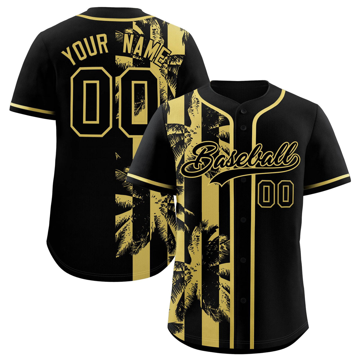 Custom Black Old Gold Split Fashion Coconut Tree Design Authentic Baseball Jersey