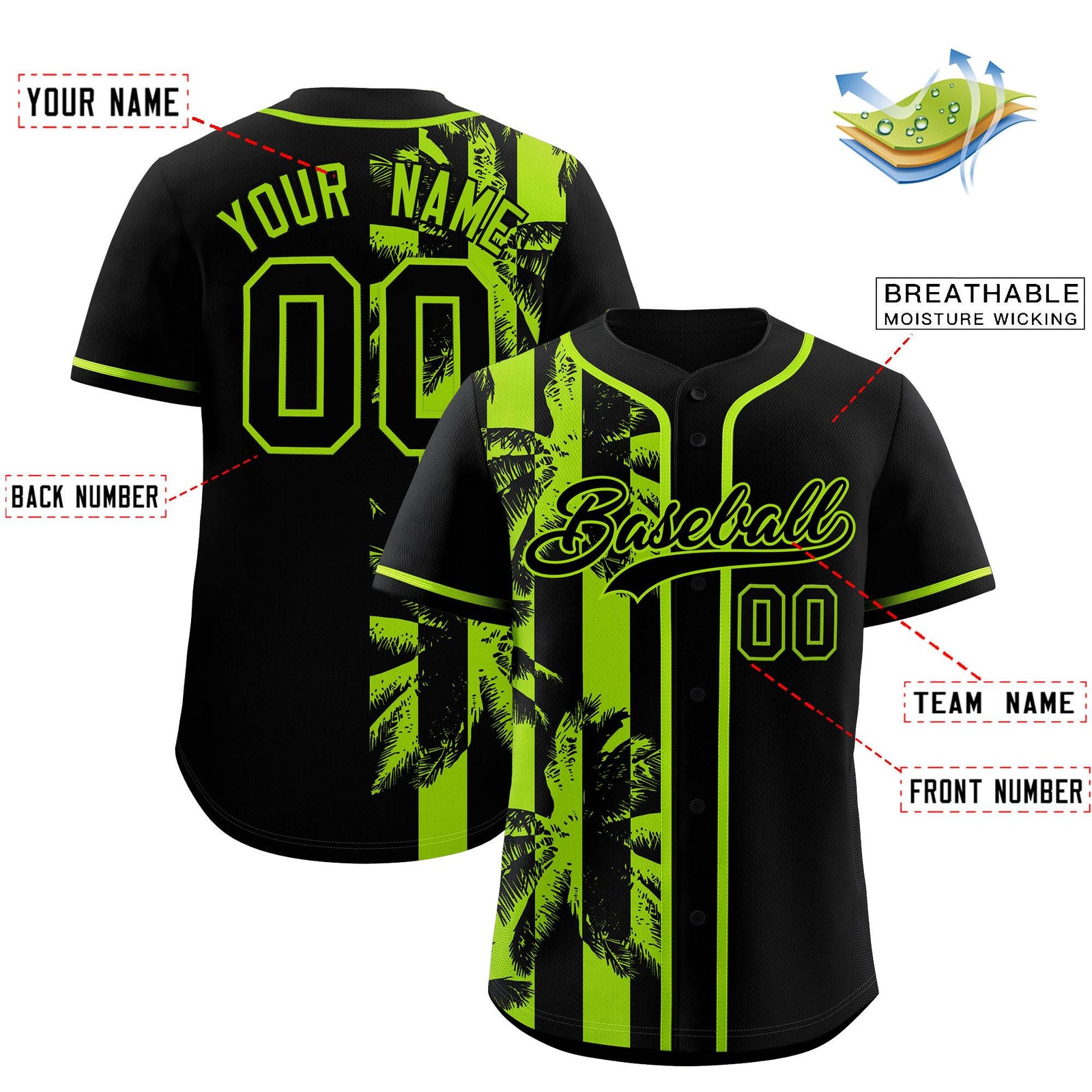 Custom Black Neon Green Split Fashion Coconut Tree Design Authentic Baseball Jersey