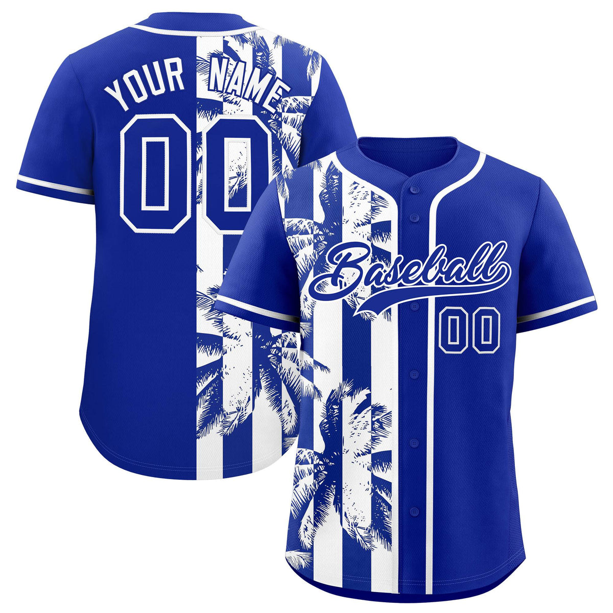 Custom Royal White Split Fashion Coconut Tree Design Authentic Baseball Jersey