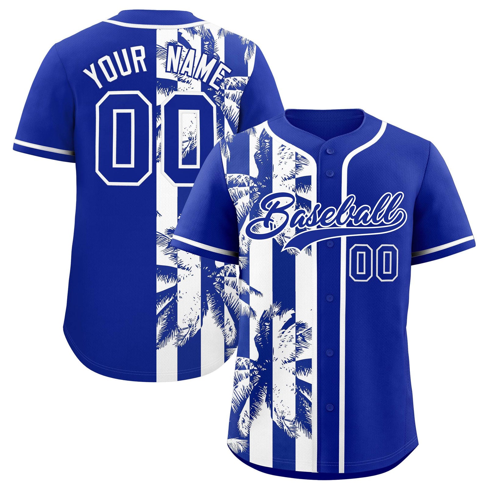 Custom Royal White Split Fashion Coconut Tree Design Authentic Baseball Jersey