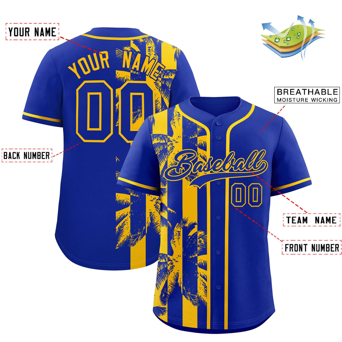 Custom Royal Yellow Split Fashion Coconut Tree Design Authentic Baseball Jersey