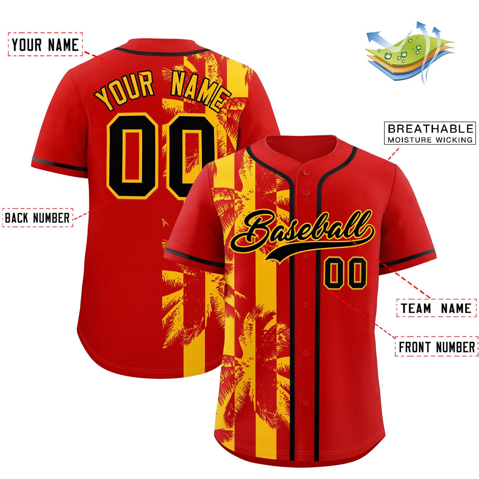Custom Red Yellow Split Fashion Coconut Tree Design Authentic Baseball Jersey