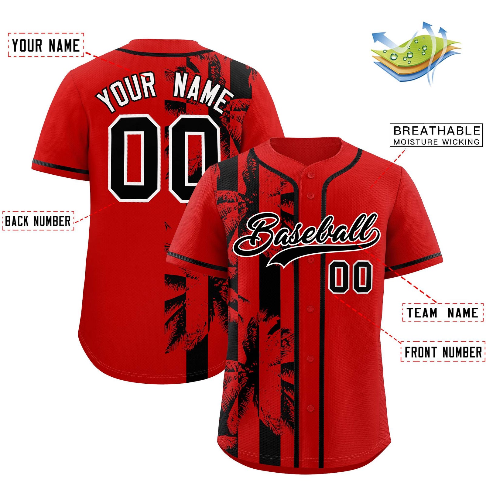 Custom Red Black Split Fashion Coconut Tree Design Authentic Baseball Jersey